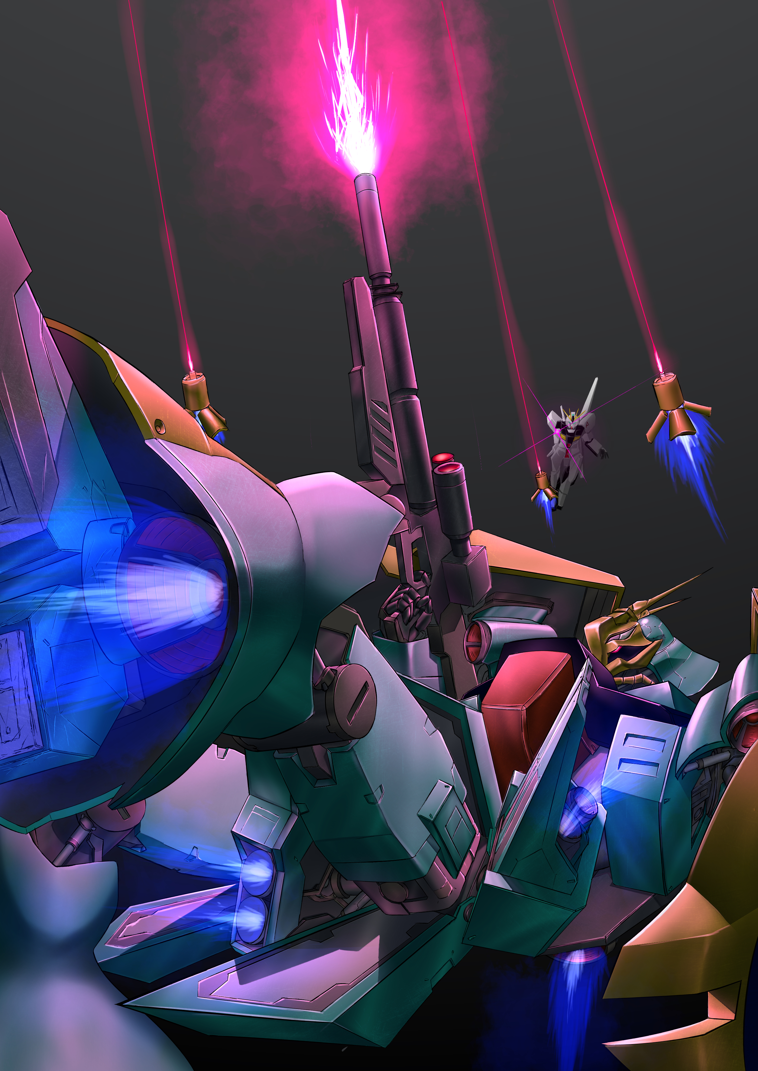 jagd doga gyunei custom, char's counterattack, gundam, absurdres, highres, battle, beam cannon, beam rifle, cable, energy beam, energy gun, firing, funnels (gundam), machinery, mecha, mecha focus, mobile suit, neo zeon, no humans, one-eyed, radio antenna, realistic, robot, scene reference, science fiction, scope, shield, space, thrusters, user gwrr2554, weapon, zero gravity