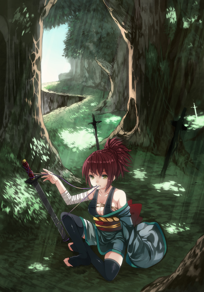 hase neet, original, bad id, bad pixiv id, 1girl, bandages, barefoot, breasts, cleavage, feet, female focus, forest, hair up, japanese clothes, kimono, light rays, mouth hold, nature, red hair, solo, sunbeam, sunlight, sword, thighhighs, toeless legwear, toes, weapon