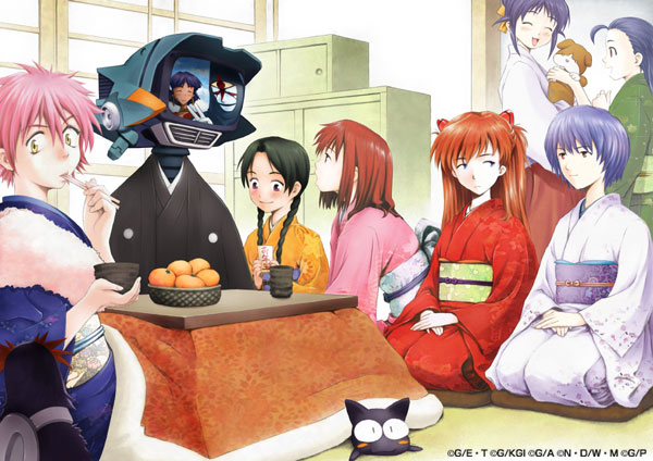 kimoto tatsurou, takkun, andou mahoro, asahina arumi, ayanami rei, canti, gargoyle (nadia), haruhara haruko, nadia la arwall, penpen, samejima mamimi, souryuu asuka langley, suguru (mahoromatic), takkun (flcl), yucie, abenobashi mahou shoutengai, flcl, fushigi no umi no nadia, gainax, mahoromatic, neon genesis evangelion, puchi puri yucie, 00s, 1990s (style), 6+girls, animal, bird, blue hair, blush, braid, cat, chopsticks, closed eyes, clothed robot, company connection, crossover, dark-skinned female, dark skin, dog, everyone, food, fruit, gainaxtop, interface headset (evangelion), japanese clothes, kimono, kotatsu, long hair, mandarin orange, mecha, multiple girls, open mouth, orange (fruit), penguin, purple hair, red eyes, red hair, retro artstyle, robot, short hair, sitting, table, tea, twin braids, yellow eyes