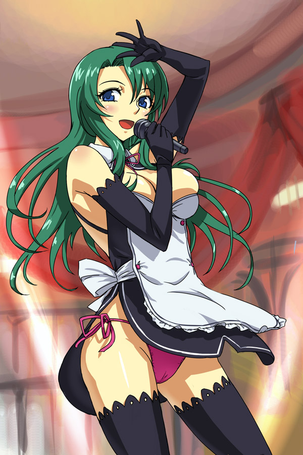 michael f91, cecilia (fire emblem), dream c club, dream c club (series), fire emblem, fire emblem: the binding blade, nintendo, 1girl, blue eyes, breasts, cameltoe, cleavage, crossover, elbow gloves, female focus, gloves, green hair, large breasts, long hair, microphone, panties, purple panties, side-tie panties, solo, thighhighs, underwear