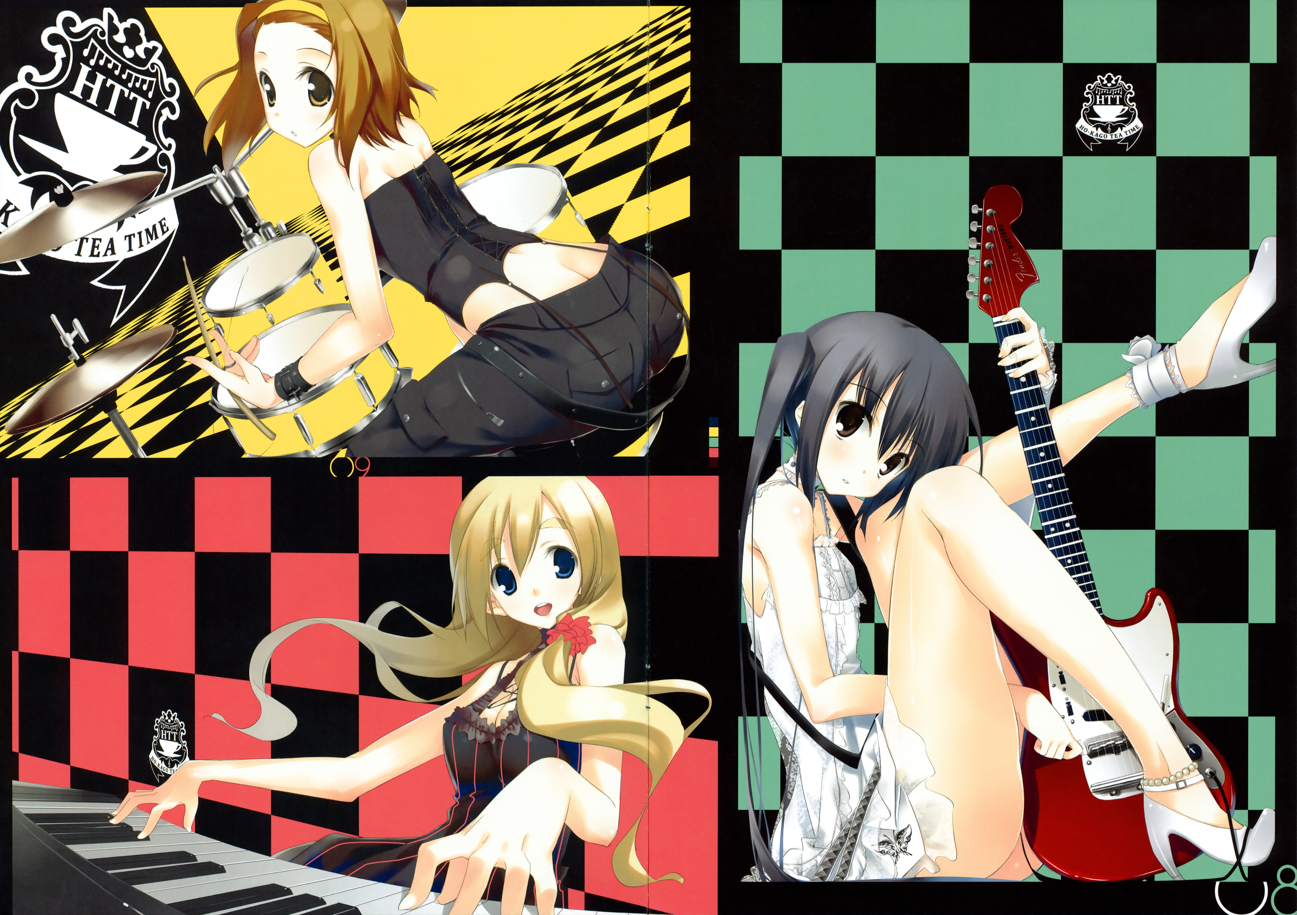 kagome (traumatize), kotobuki tsumugi, nakano azusa, tainaka ritsu, k-on!, eyebrows, absurdres, highres, 00s, 3girls, anklet, breasts, butt crack, cleavage, crease, dress, drum, drum set, drumsticks, guitar, high heels, instrument, jewelry, keyboard, keyboard (instrument), looking back, medium breasts, multiple girls, mustang (guitar), open mouth, pants, shoes, sitting