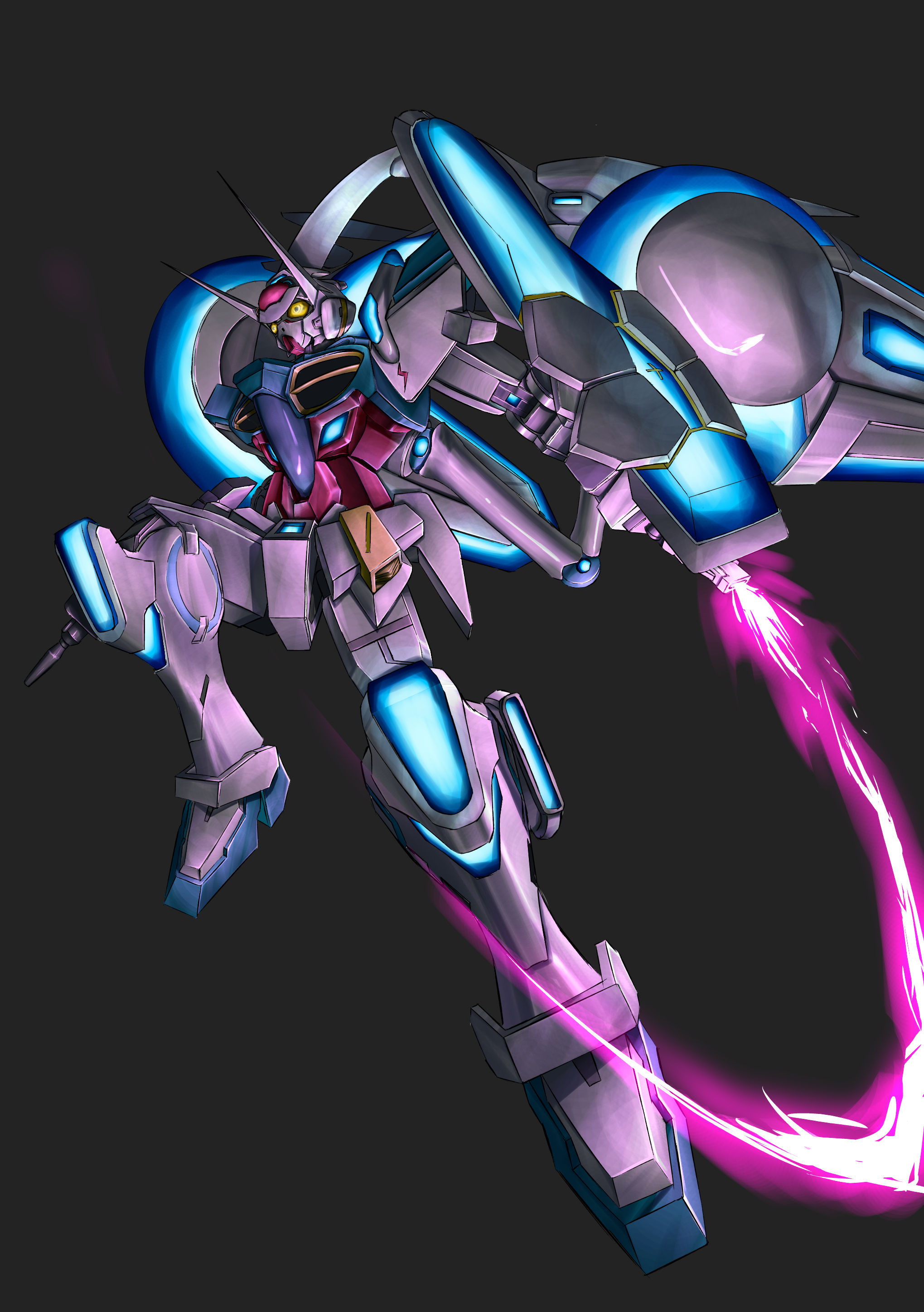 g-self, gundam, gundam g no reconguista, absurdres, highres, beam rifle, energy beam, energy gun, energy sword, g-self perfect pack, glowing, glowing eyes, machinery, mecha, mecha focus, mobile suit, no humans, realistic, robot, science fiction, shield, space, sword, user gwrr2554, v-fin, weapon, yellow eyes, zero gravity