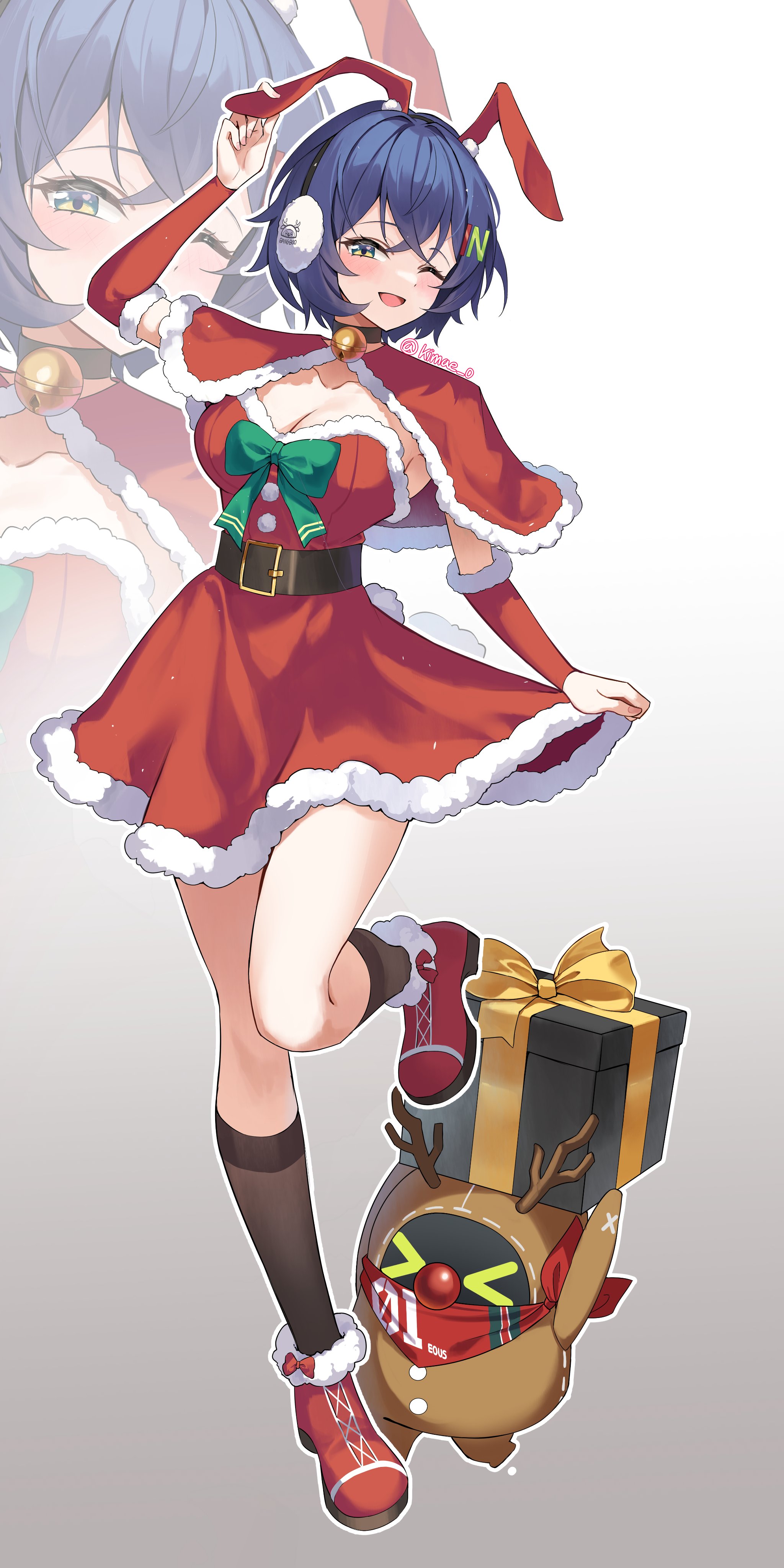 kimae, bangboo (zenless zone zero), belle (zenless zone zero), eous (zenless zone zero), zenless zone zero, absurdres, commentary, english commentary, highres, 1girl, animal ears, arm up, bell, belt, black belt, black choker, black socks, blue hair, bow, box, breasts, capelet, chest bow, choker, cleavage, collarbone, crossed bangs, detached sleeves, dress, earmuffs, fake animal ears, fake tail, full body, fur-trimmed capelet, fur-trimmed shoes, fur-trimmed sleeves, fur trim, gift, gift box, gradient background, green bow, green eyes, jingle bell, kneehighs, large breasts, looking at viewer, neck bell, one eye closed, open mouth, rabbit ears, rabbit tail, red capelet, red dress, red shoes, red sleeves, santa costume, shoes, short hair, socks, standing, standing on one leg, tail, twitter username, zoom layer