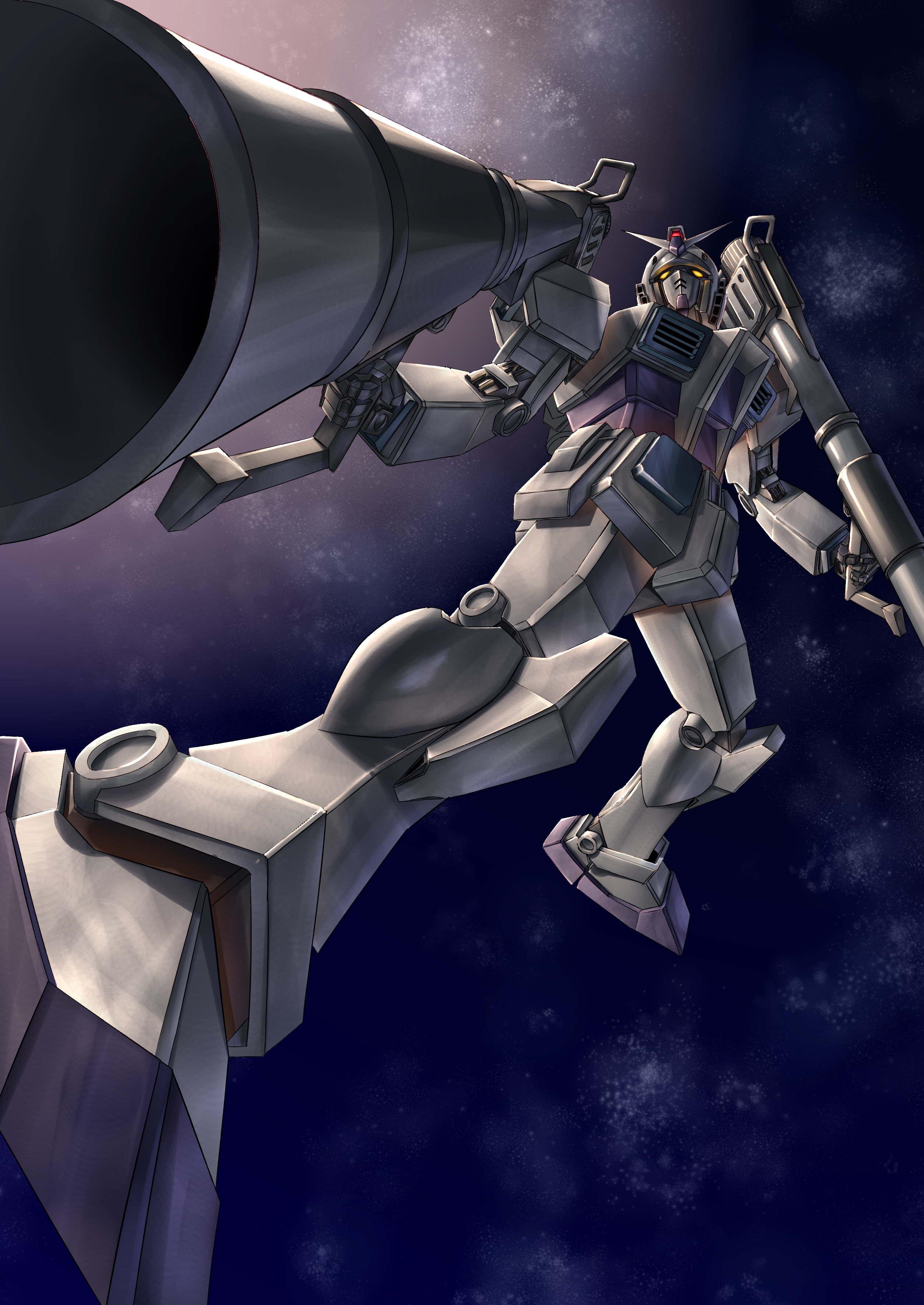 g-3 gundam, gundam, gundam msv, absurdres, highres, aiming, aiming at viewer, battle, bazooka (gundam), cloud, dual wielding, earth federation, holding, machinery, mecha, mecha focus, mobile suit, nebula, no humans, perspective, realistic, robot, science fiction, space, user gwrr2554, v-fin, weapon, yellow eyes, zero gravity