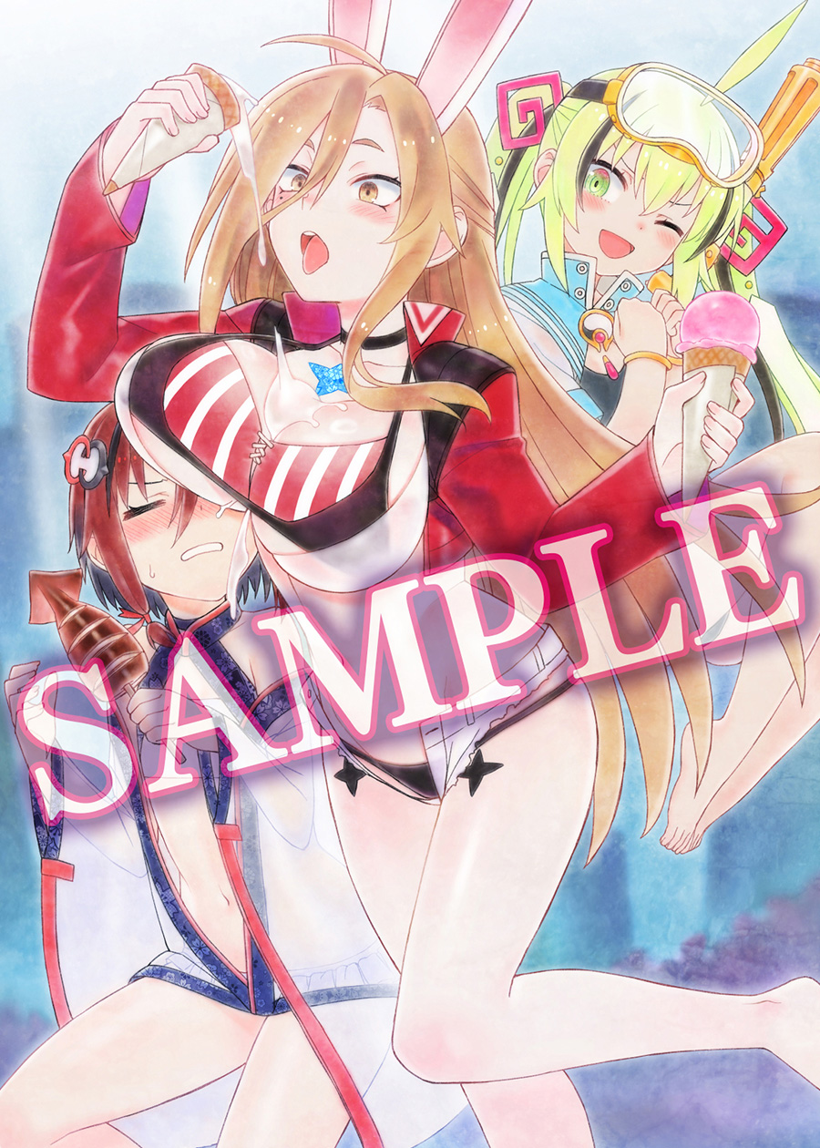 karma (majogami), maxi (majogami), shiroha (majogami), inti creates, majogami, official art, blonde hair, blush, breast envy, breasts, food, goggles, green eyes, green hair, ice cream, jacket, large breasts, rabbit ears, red hair, red jacket, small breasts, snorkel, swim goggles, swimsuit, yellow eyes