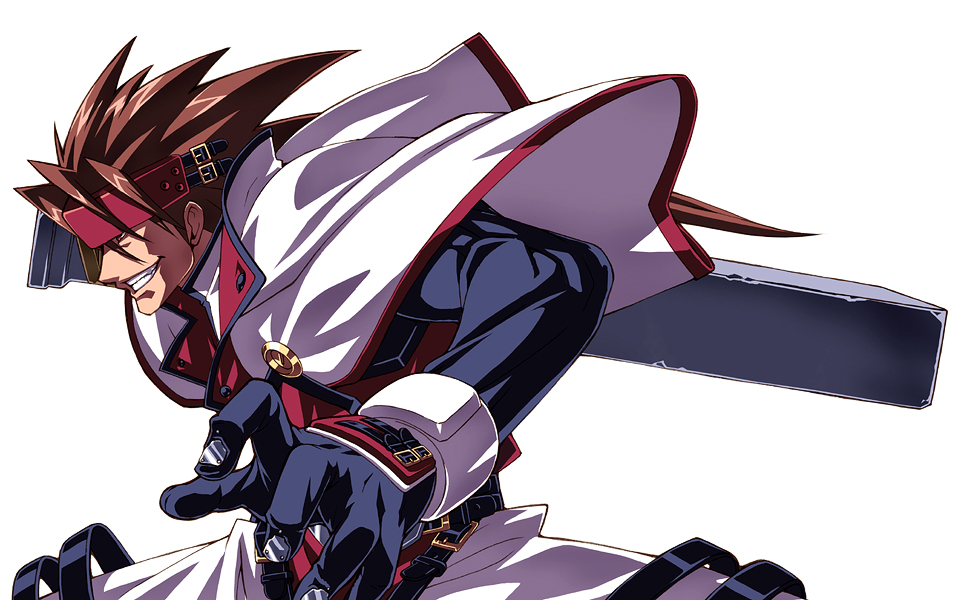 tasaka shinnosuke, order-sol, order sol, sol badguy, arc system works, guilty gear, guilty gear xx, guilty gear xx slash, uniform, 1boy, brown hair, capelet, club (weapon), concrete, headband, long hair, male focus, muscular, red eyes, solo, sword, weapon