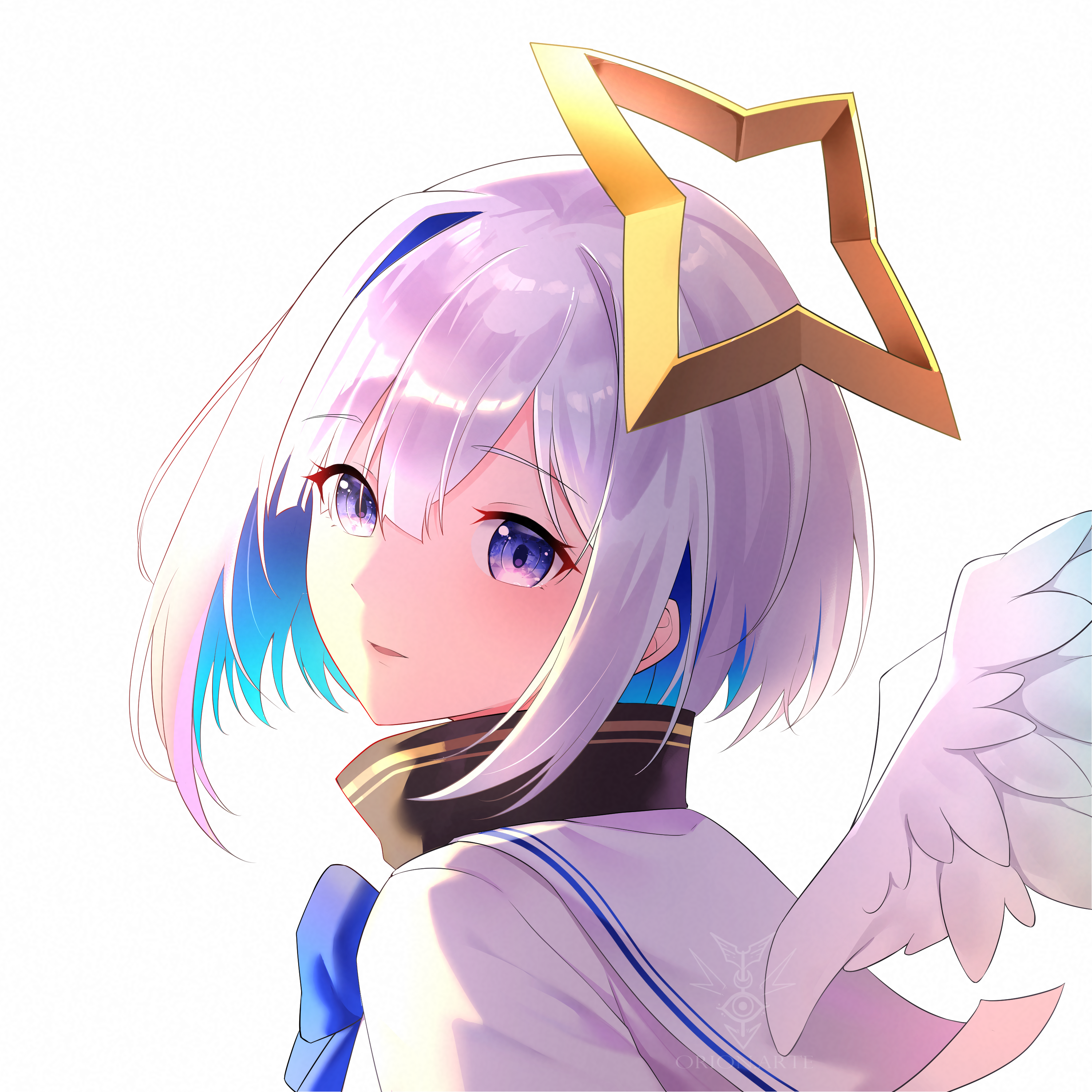amane kanata, amane kanata (1st costume), hololive, absurdres, commentary request, highres, 1girl, angel wings, aqua wings, blue bow, blue hair, bow, colored inner hair, feathered wings, gradient wings, halo, looking at viewer, looking back, mini wings, multicolored hair, multicolored wings, orion arte, parted lips, purple eyes, shirt, simple background, single hair intake, star halo, upper body, virtual youtuber, white background, white hair, white shirt, white wings, wings, yellow halo