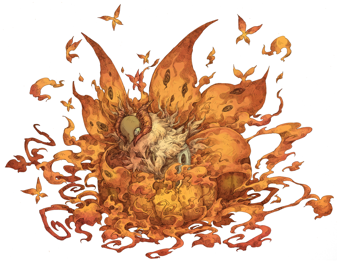 kuuneru, volcarona, nintendo, pokemon, bug, fire, full body, gen 5 pokemon, halloween, horns, insect, moth, multiple wings, no humans, pokemon (creature), pokemon focus, simple background, solo, white background, white fur, wings