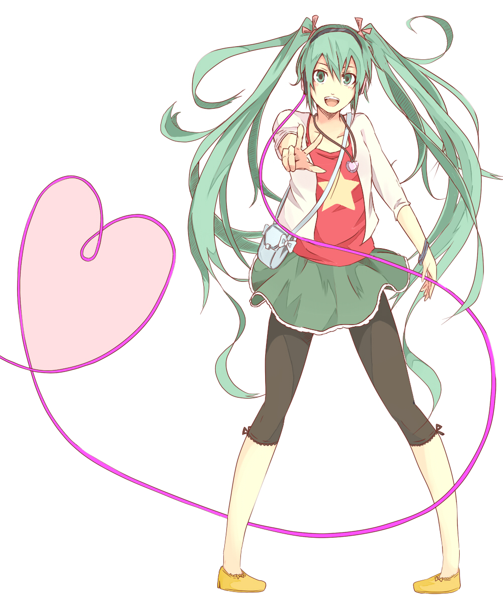 yakitori (artist), hatsune miku, vocaloid, highres, 1girl, alternate costume, aqua eyes, aqua hair, artistic error, bad anatomy, casual, female focus, hair ribbon, headphones, heart, jewelry, leggings, long hair, necklace, ribbon, simple background, smile, solo, spandex, twintails, v