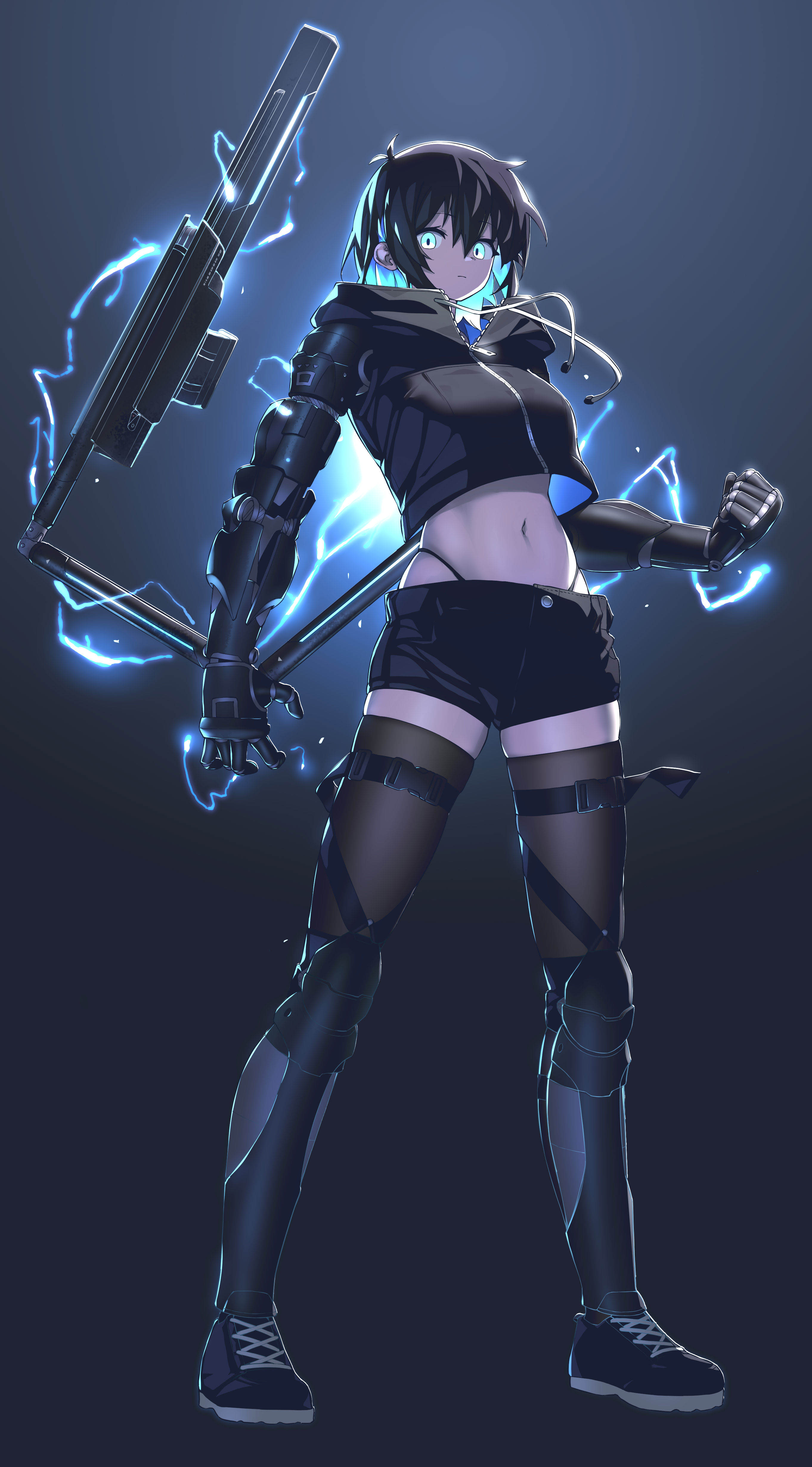 hoplitx, original, absurdres, commentary, english commentary, highres, 1girl, aqua eyes, aqua hair, beryl (hoplitx), black hair, black shorts, clenched hand, colored inner hair, cyborg, drawstring, electricity, full body, glowing, glowing eyes, gradient background, hood, hood down, mechanical arms, mechanical legs, midriff, multicolored hair, navel, prosthesis, prosthetic arm, prosthetic hand, short hair, short shorts, shorts, simple background, solo, standing, zipper