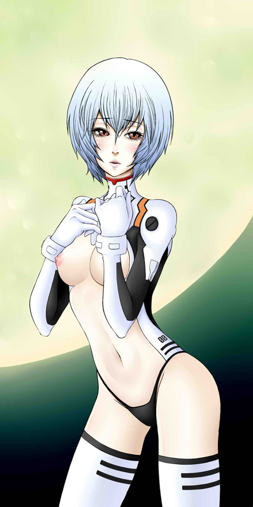 aiso kai, ayanami rei, neon genesis evangelion, bad id, bad pixiv id, 1girl, breasts, female focus, nipples, outdoors, short hair, sky, solo, thighhighs, topfreedom, topless female