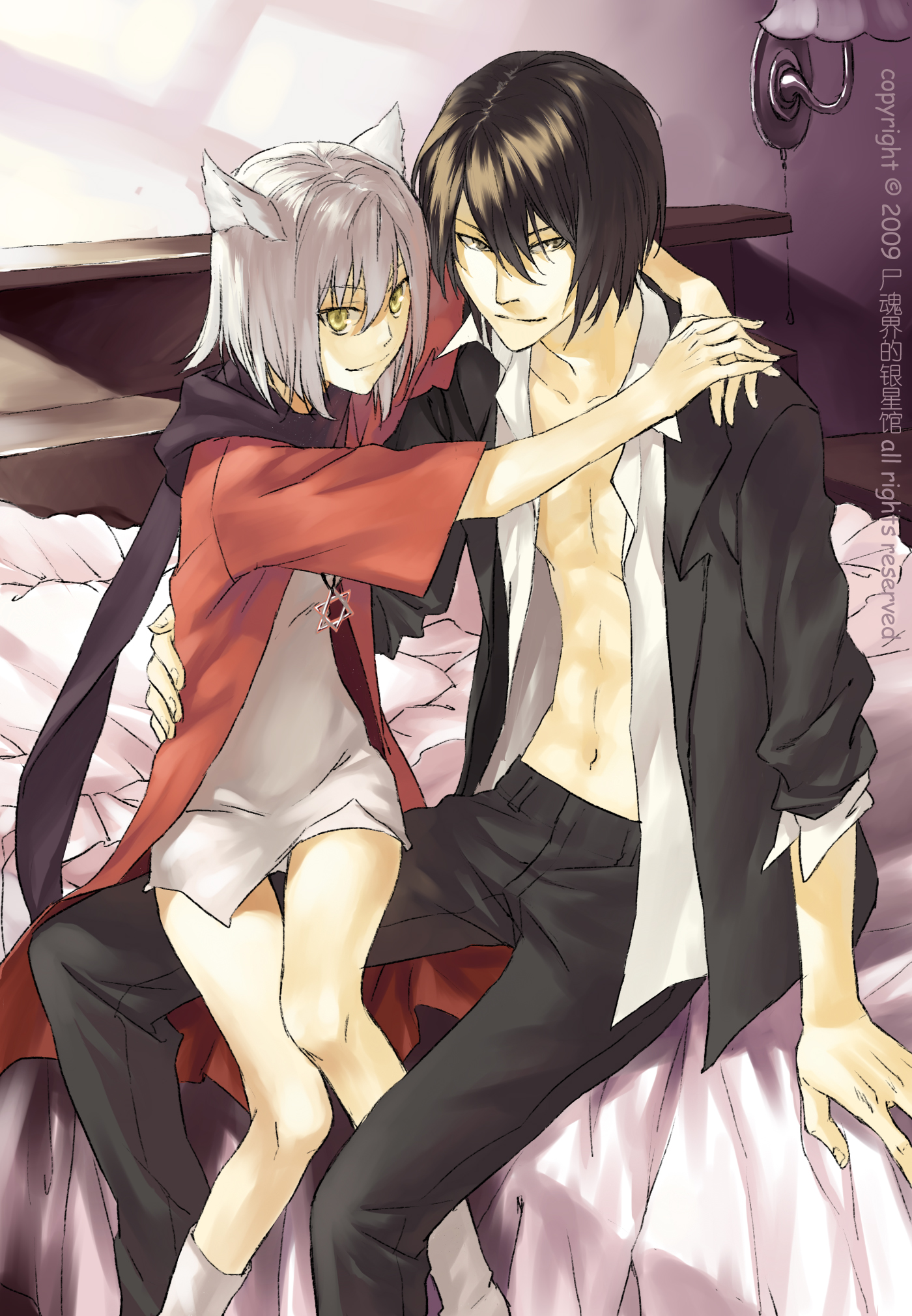 psd, original, silver hair, bad id, bad pixiv id, highres, 1boy, 1girl, animal ears, bed, bed sheet, brown eyes, brown hair, hexagram, jewelry, legs, navel, necklace, open clothes, open shirt, pectorals, scarf, shirt, short hair, sitting, star of david, yellow eyes