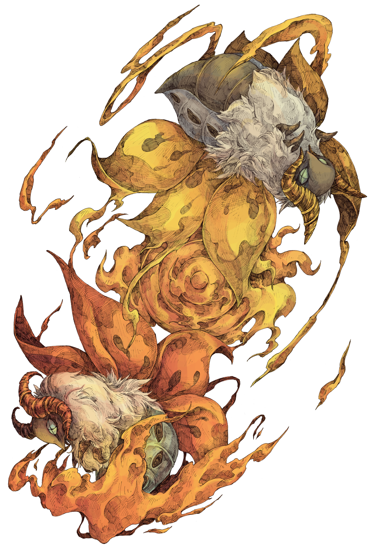 kuuneru, volcarona, nintendo, pokemon, highres, alternate color, bug, fire, full body, gen 5 pokemon, horns, insect, moth, multiple wings, no humans, pokemon (creature), pokemon focus, shiny pokemon, simple background, white background, white fur, wings