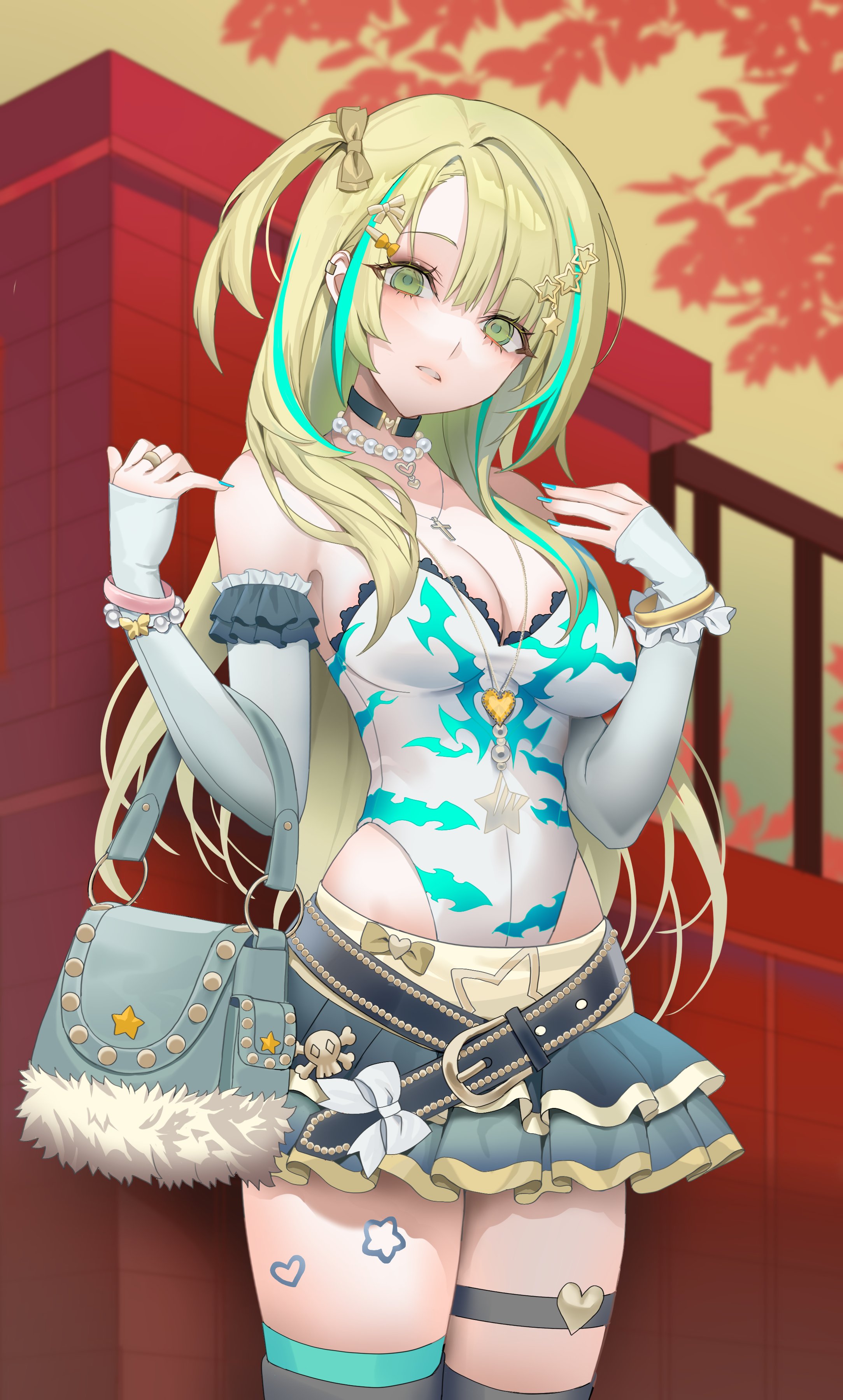 lloule, absurdres, character request, copyright request, highres, 1girl, aqua hair, bag, belt, black belt, blonde hair, blue bag, blue nails, bow, bracelet, breasts, cleavage, cross, cross necklace, detached sleeves, green eyes, hair bow, hair ornament, handbag, heart, jewelry, leotard, long hair, multicolored hair, necklace, one side up, pearl necklace, pleated skirt, ring, skirt, sleeves past wrists, solo, star (symbol), star hair ornament, streaked hair, thigh strap, thighhighs, white leotard, yellow bow