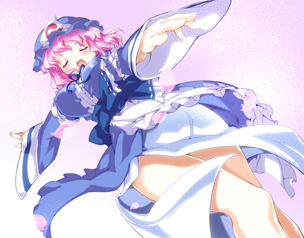 nachi (natyurikoubou), petenshi (dr. vermilion), saigyouji yuyuko, touhou, bad id, bad pixiv id, 1girl, :d, ^ ^, blush, bouncing breasts, breasts, closed eyes, covered erect nipples, dutch angle, female focus, foreshortening, frills, from below, grass, groin, hat, hip focus, impossible clothes, japanese clothes, kimono, large breasts, obi, open mouth, pink background, pink hair, sash, short hair, smile, solo, triangular headpiece, wide sleeves