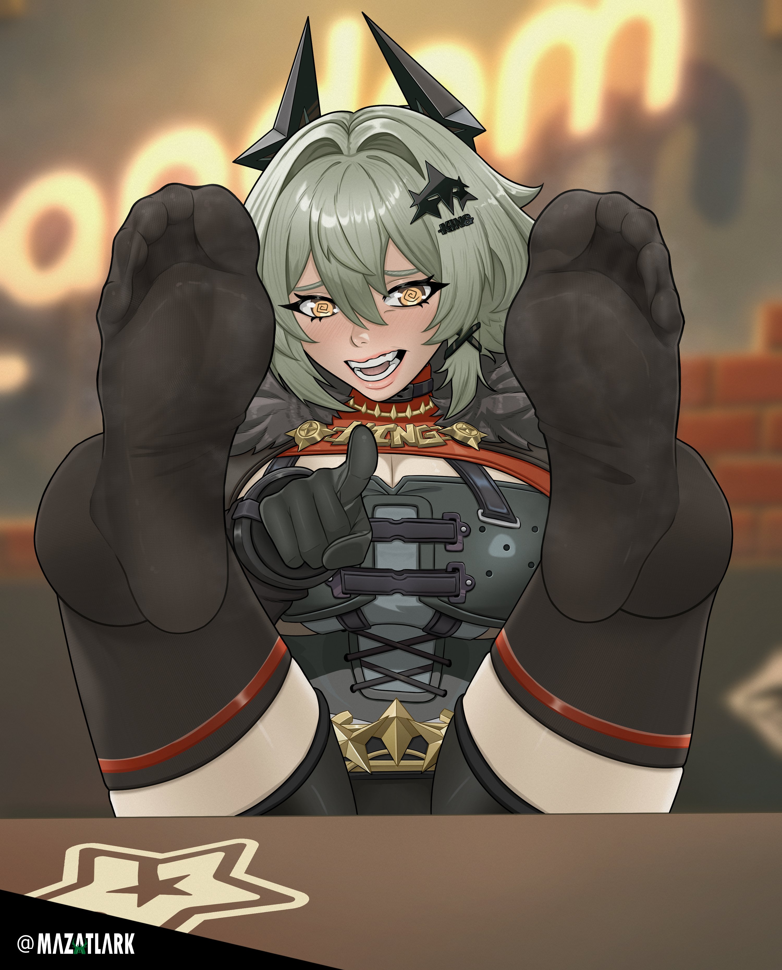 mazatlark, caesar king (zenless zone zero), zenless zone zero, absurdres, highres, 1girl, @ @, artist name, black gloves, black shorts, black thighhighs, blurry, blurry background, blush, breasts, cleavage, double-parted bangs, feet, feet up, foot focus, fur collar, gloves, green hair, hair intakes, hair ornament, large breasts, legs up, looking at viewer, no shoes, open mouth, pointing, pointing at viewer, short shorts, shorts, sidelocks, sitting, soles, solo, thighhighs, toes, twitter username, x hair ornament, yellow eyes, zettai ryouiki