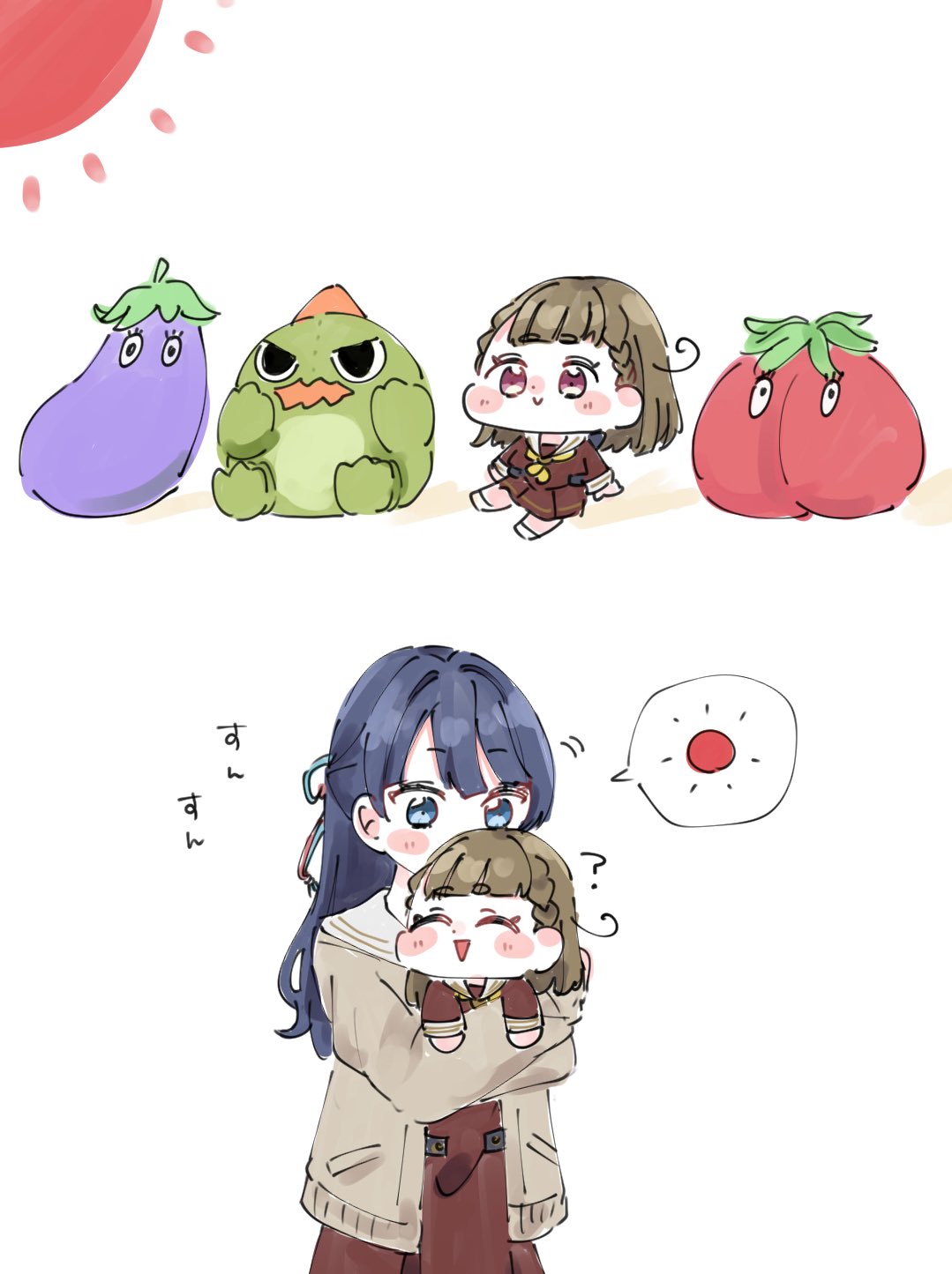 moso (expect66), gonzales (love live!), kachimachi kosuzu, murano sayaka, link! like! love live!, love live!, commentary request, highres, 2girls, :>, :d, ?, ^ ^, blue eyes, blue hair, blush, brown cardigan, brown dress, cardigan, carrying, carrying person, chibi, child carry, closed eyes, closed mouth, dollchestra, dress, hair intakes, half updo, hasu no sora school uniform, long hair, long sleeves, looking at another, motion lines, multiple girls, nasu-san (love live!), neckerchief, open cardigan, open clothes, open mouth, sailor collar, sailor dress, school uniform, smelling, smile, spoken sun, stuffed dinosaur, stuffed eggplant, stuffed tomato, sun, tomati (love live!), virtual youtuber, white sailor collar, winter uniform, yellow neckerchief