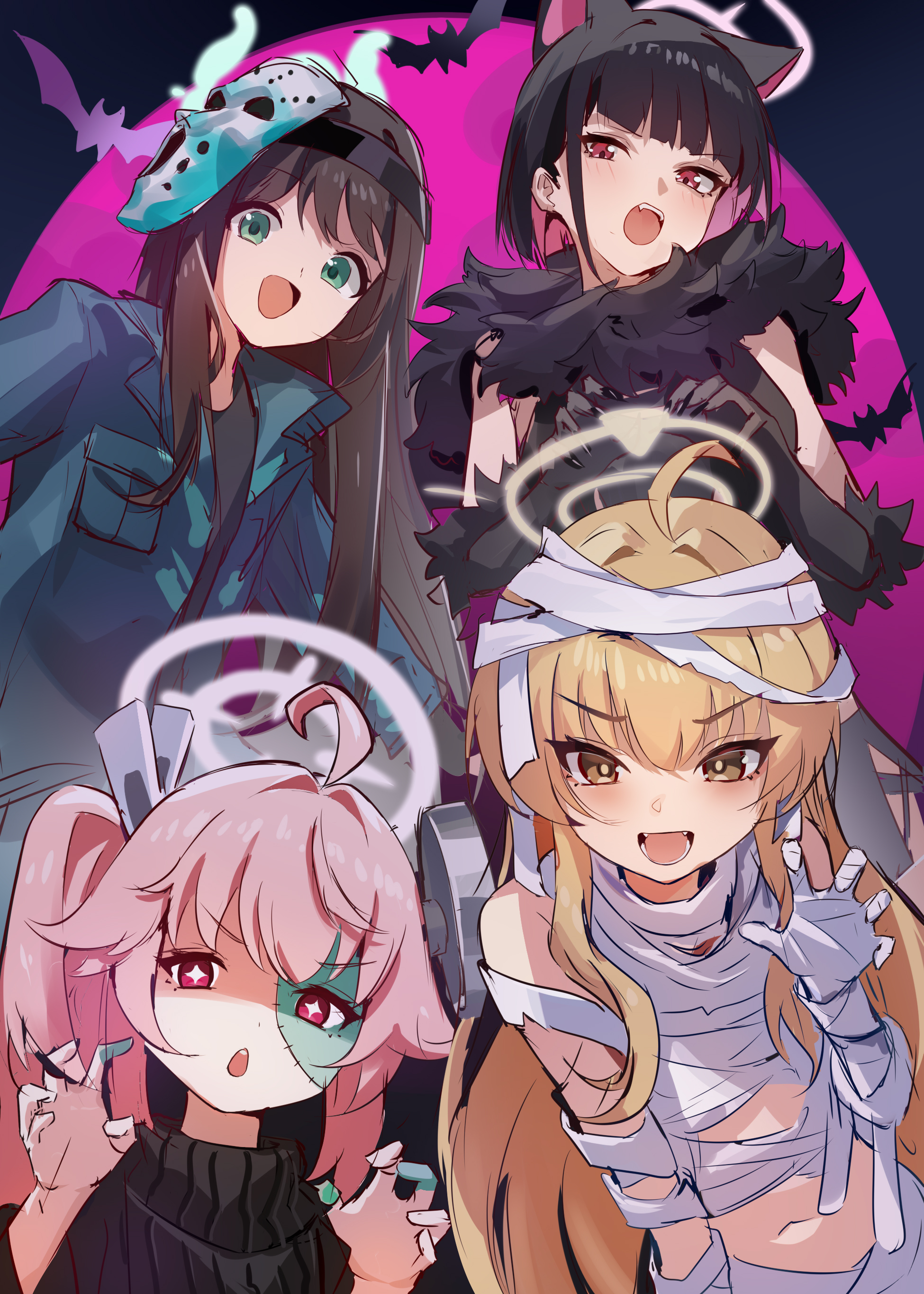 amamiyayk, airi (blue archive), airi (halloween) (blue archive), kazusa (blue archive), kazusa (halloween) (blue archive), natsu (blue archive), natsu (halloween) (blue archive), yoshimi (blue archive), yoshimi (halloween) (blue archive), blue archive, absurdres, hashtag-only commentary, highres, 4girls, :d, after-school sweets club (blue archive), ahoge, animal ears, bandages, black gloves, black hair, blonde hair, brown hair, cat ears, cat girl, claw pose, colored inner hair, elbow gloves, extra ears, gloves, green eyes, green halo, halloween costume, halo, long hair, mask, mask on head, multicolored hair, multiple girls, mummy costume, naked bandage, navel, official alternate costume, open mouth, patchwork skin, pink hair, pink halo, red eyes, side ponytail, smile, v-shaped eyebrows, yellow eyes, yellow halo, zombie