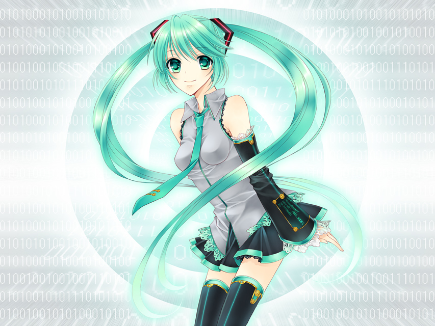 uduki eri, uzuki eri, hatsune miku, vocaloid, bad id, bad pixiv id, 1girl, aqua eyes, aqua hair, binary, detached sleeves, female focus, long hair, necktie, skirt, solo, thighhighs, twintails, very long hair, zettai ryouiki