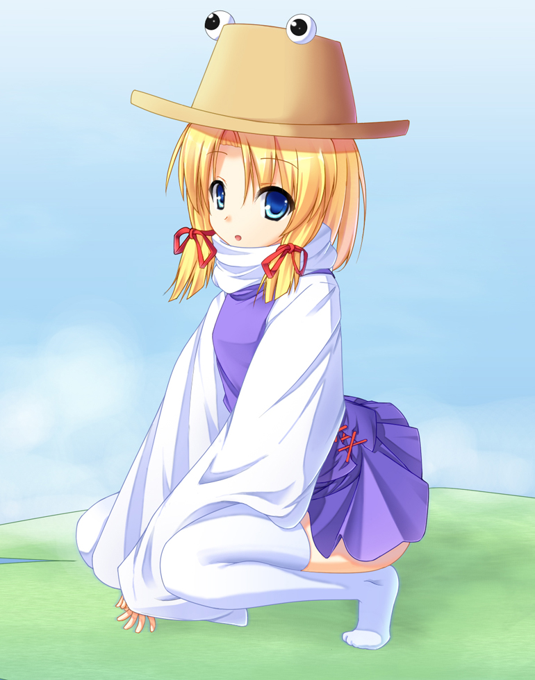 gokireddo, moriya suwako, touhou, 1girl, blonde hair, blue eyes, female focus, full body, gradient background, hat, lily pad, nature, outdoors, plant, skirt, sky, solo, thighhighs