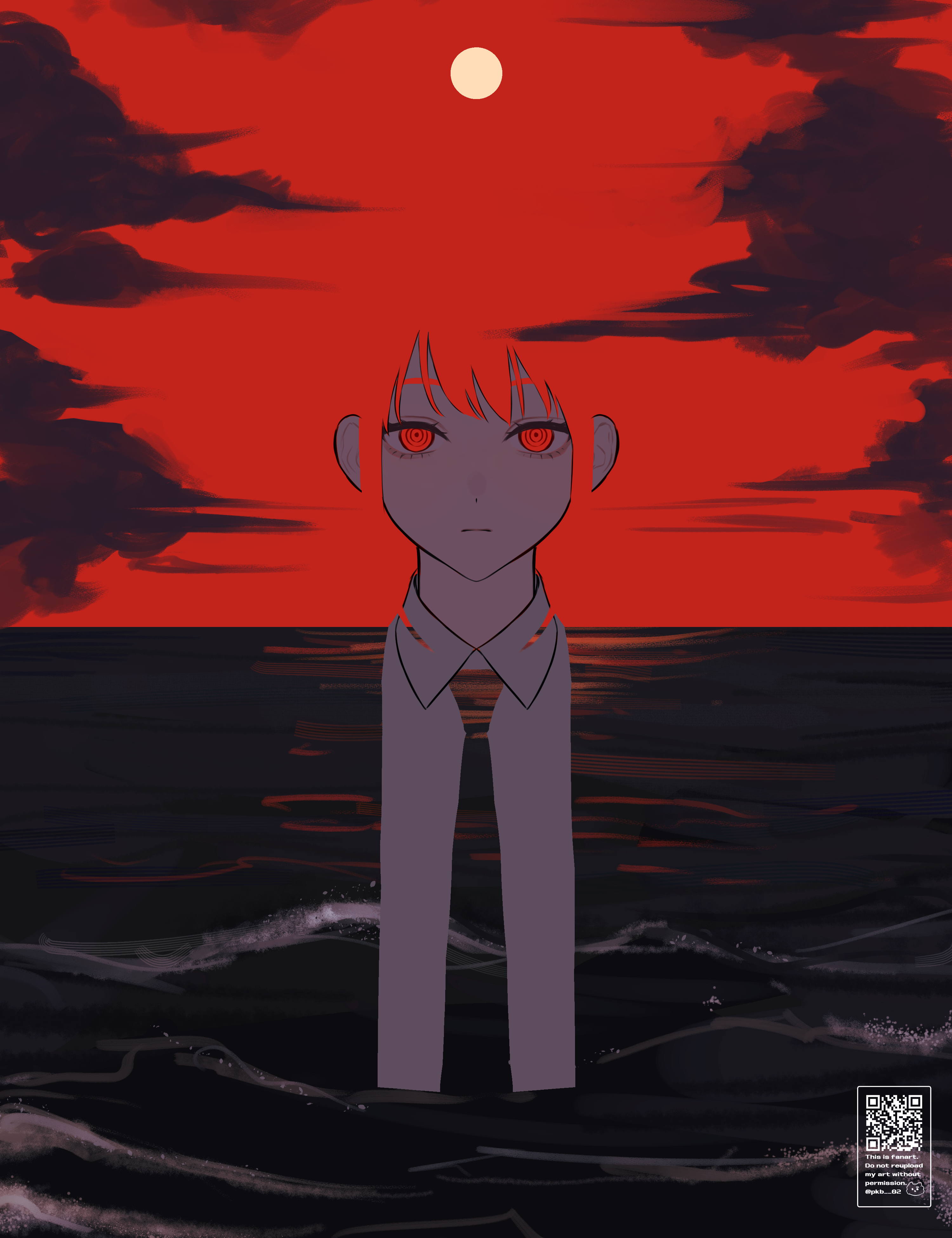 gm gn8, makima (chainsaw man), chainsaw man, absurdres, commentary request, highres, 1girl, blending, closed mouth, cloud, full moon, horizon, moon, necktie, ocean, red eyes, red sky, ringed eyes, shirt, sky, solo, straight-on, white shirt