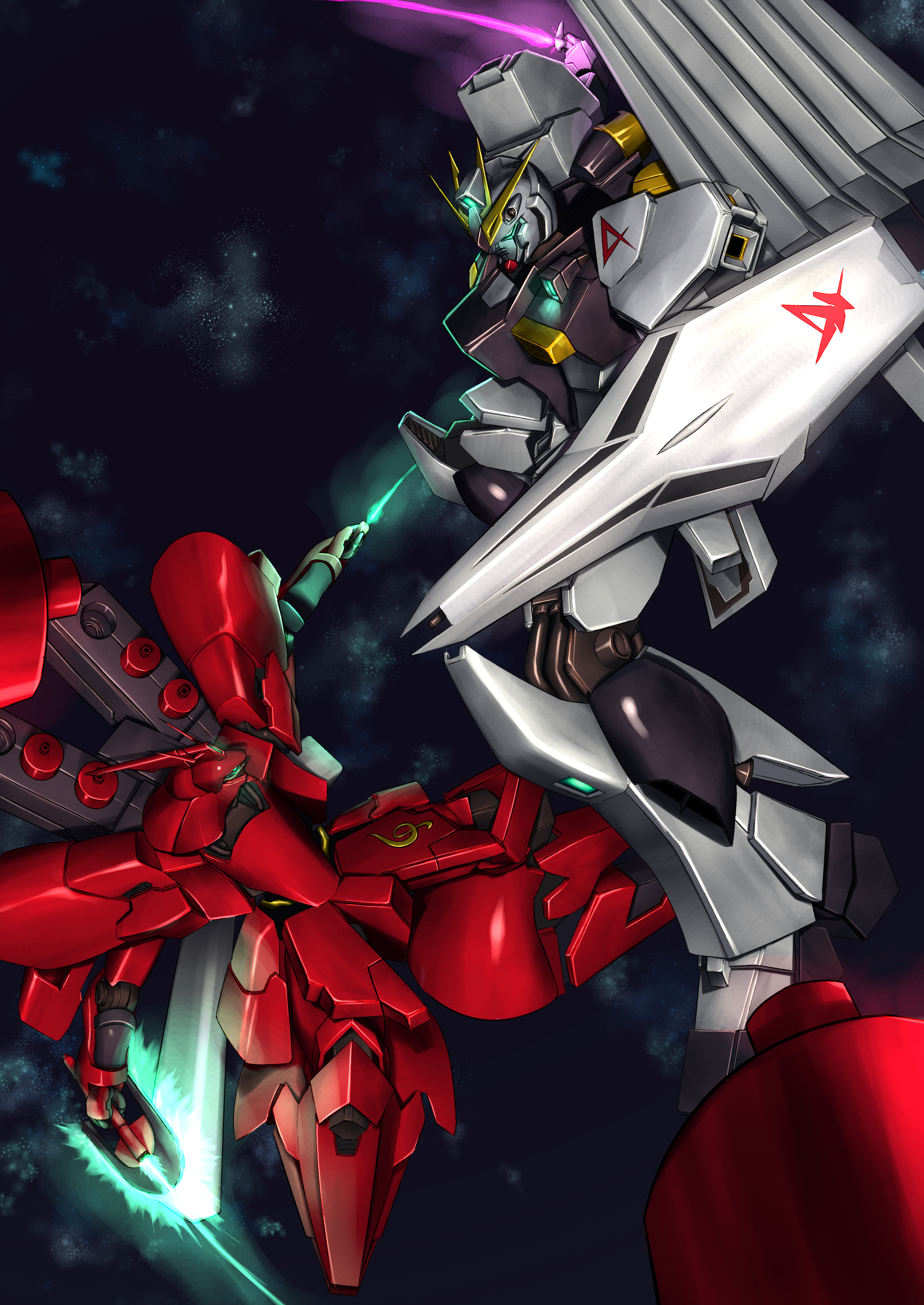 nu gundam, sazabi, char's counterattack, gundam, absurdres, commentary request, highres, battle, blue eyes, cable, duel, energy beam, energy sword, fin funnels, funnels (gundam), glowing, glowing eye, glowing eyes, green eyes, machinery, mecha, mecha focus, mobile suit, nebula, neo zeon, no humans, one-eyed, realistic, robot, roundel, scene reference, science fiction, shield, space, sword, unicorn, user gwrr2554, v-fin, weapon, zero gravity