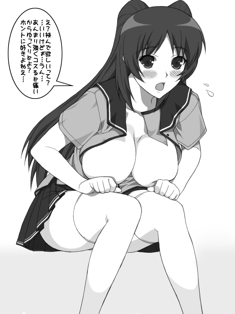 shichimenchou, kousaka tamaki, to heart (series), to heart 2, 00s, 1girl, blush, breasts, female focus, greyscale, large breasts, long hair, monochrome, no bra, open clothes, open shirt, shirt, sitting, solo, thighhighs