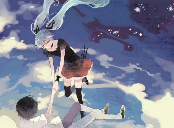 mig (36th underground), hatsune miku, 1/6 -out of the gravity- (vocaloid), vocaloid, aqua eyes, aqua hair, black hair, cloud, day, hair ribbon, holding hands, long hair, planet, ribbon, skirt, sky, smile, thighhighs, twintails, wristband, zettai ryouiki