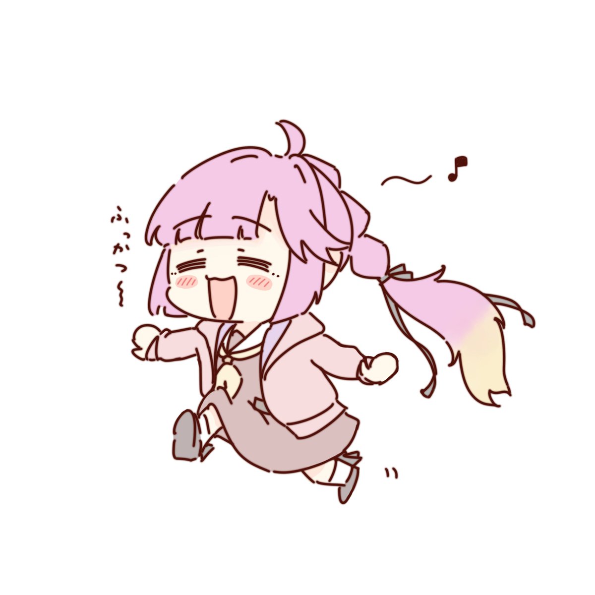 amano tatsu, anyoji hime, link! like! love live!, love live!, commentary request, highres, 1girl, :3, :d, = =, black shoes, blush, blush stickers, bow legwear, brown dress, closed eyes, dress, eighth note, hasu no sora school uniform, hood, hooded jacket, jacket, long sleeves, musical note, neckerchief, open clothes, open jacket, open mouth, pink jacket, sailor collar, sailor dress, school uniform, shoes, simple background, smile, socks, solo, virtual youtuber, white background, white sailor collar, white socks, winter uniform, yellow neckerchief