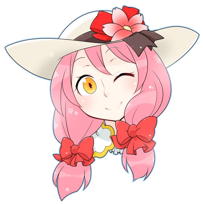 arch bishop (ragnarok online), ragnarok online, commentary request, 1girl, blush, bow, closed mouth, flower, hair bow, hat, hat flower, long hair, looking at viewer, oekakipikki, one eye closed, pink flower, pink hair, portrait, red bow, simple background, smile, solo, sun hat, white background, white hat, yellow eyes