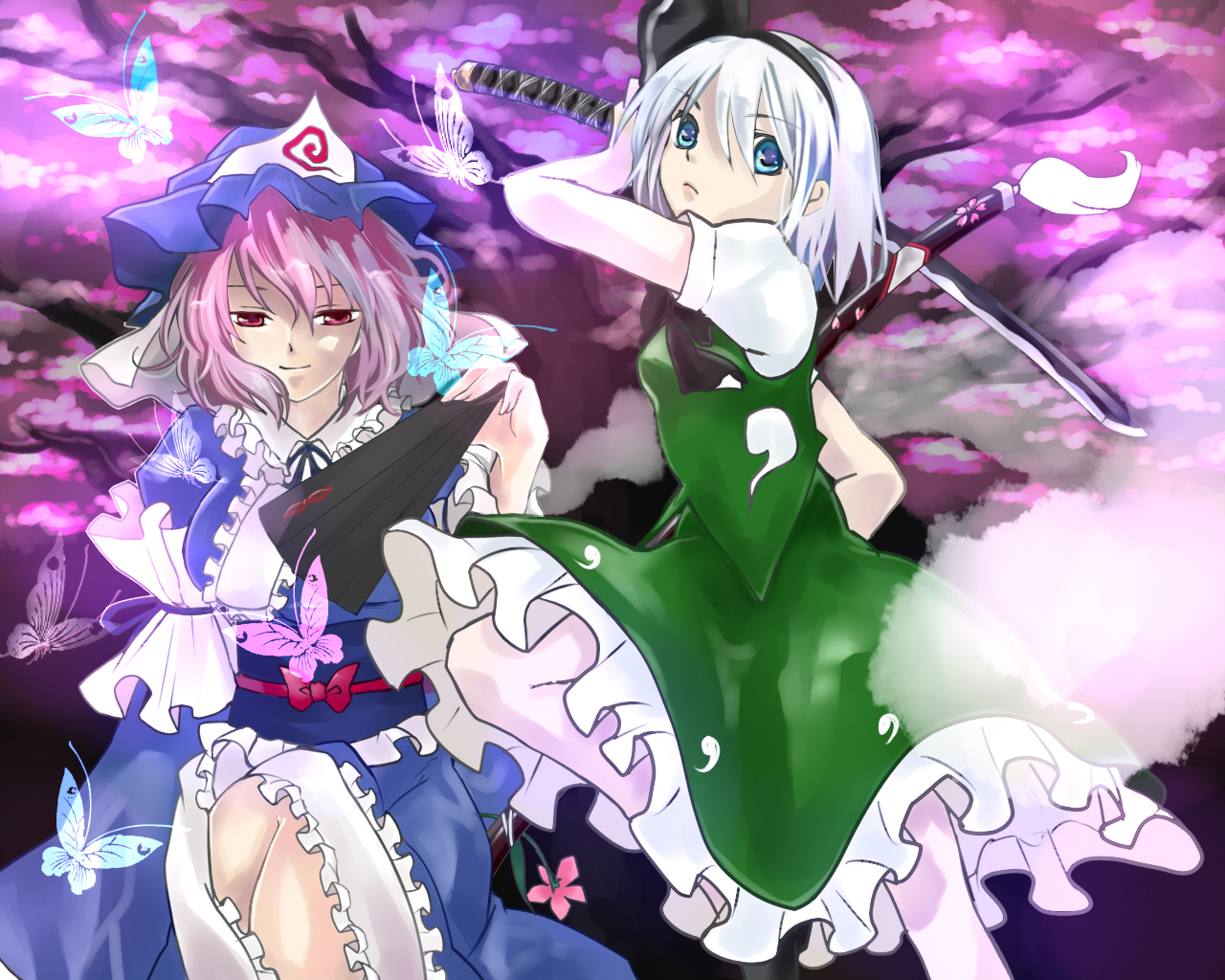 seitaka, konpaku youmu, konpaku youmu (ghost), saigyouji yuyuko, touhou, silver hair, bad id, bad pixiv id, 2girls, blue eyes, bug, butterfly, dress, female focus, hat, katana, multiple girls, nature, outdoors, pink eyes, pink hair, plant, skirt, sword, weapon