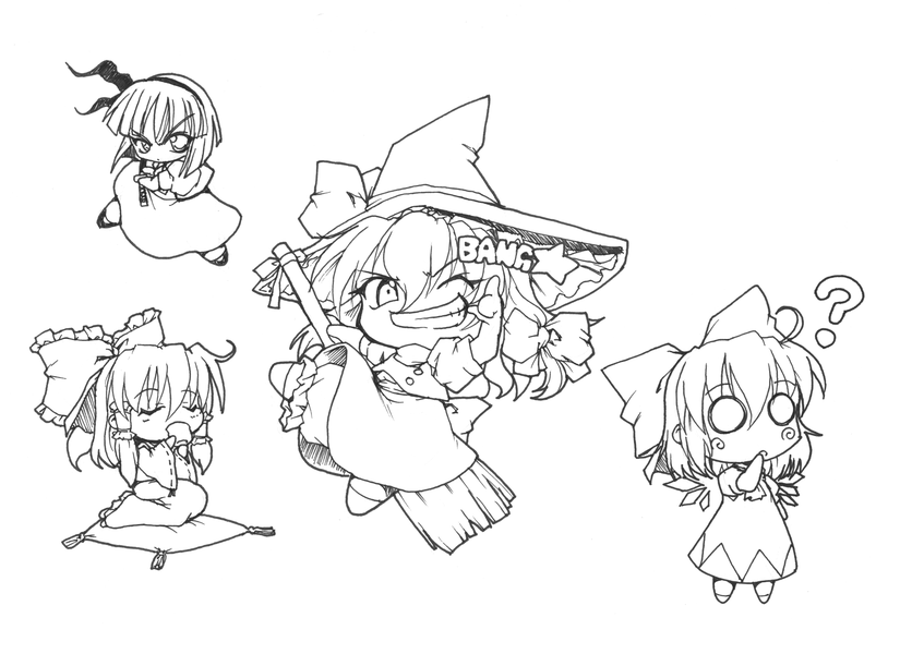 neko shiki (artist), cirno, hakurei reimu, kirisame marisa, konpaku youmu, touhou, 4girls, ?, chibi, finger gun, greyscale, grin, monochrome, multiple girls, o o, one eye closed, smile, wink