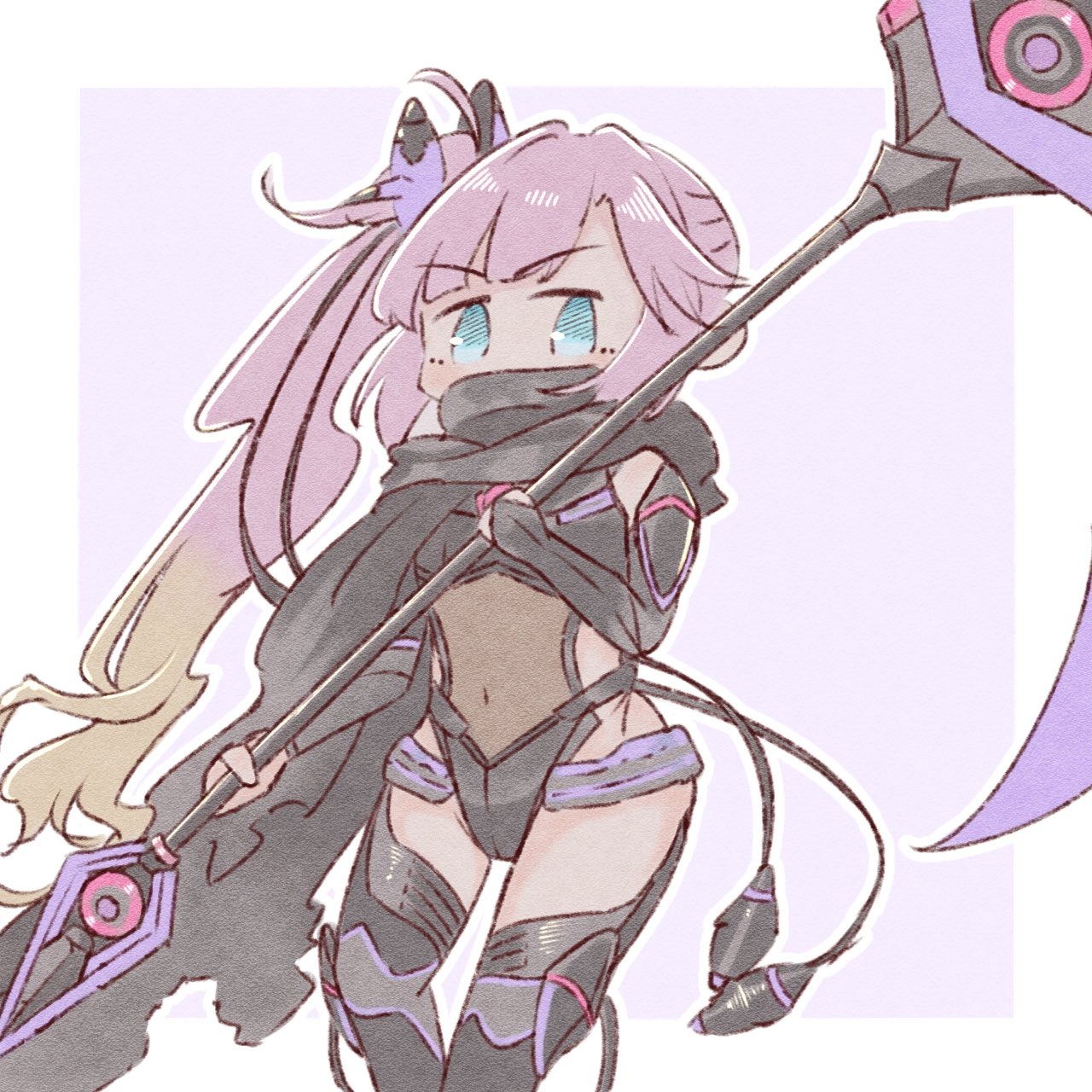 amano tatsu, anyoji hime, takase rio, link! like! love live!, love live!, ongeki, commentary, highres, 1girl, ahoge, black boots, black cape, black leotard, blonde hair, blue eyes, blunt bangs, boots, border, cape, cosplay, covered mouth, deformed, feet out of frame, gradient hair, hair intakes, headpiece, holding, holding scythe, holding weapon, leotard, long hair, multicolored hair, navel, official alternate costume, outside border, pink hair, purple background, scythe, see-through clothes, see-through leotard, side ponytail, sidelocks, simple background, solo, swept bangs, takase rio (cosplay), thigh boots, torn cape, torn clothes, very long hair, virtual youtuber, weapon, white border