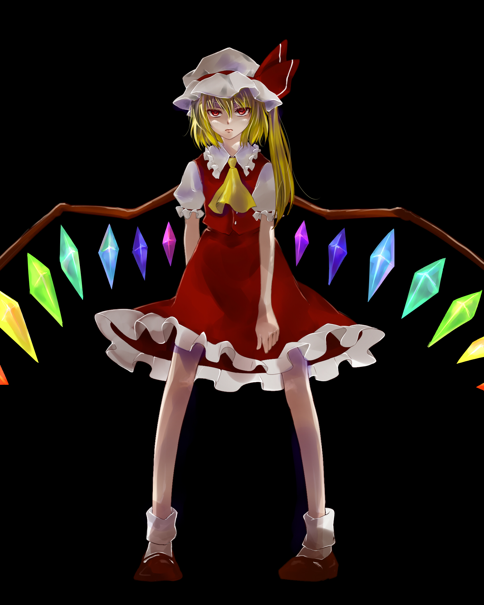 seitaka, flandre scarlet, touhou, highres, 1girl, ascot, blonde hair, crystal, demon wings, female focus, full body, hat, looking at viewer, mob cap, puffy short sleeves, puffy sleeves, red eyes, short sleeves, solo, standing, wings