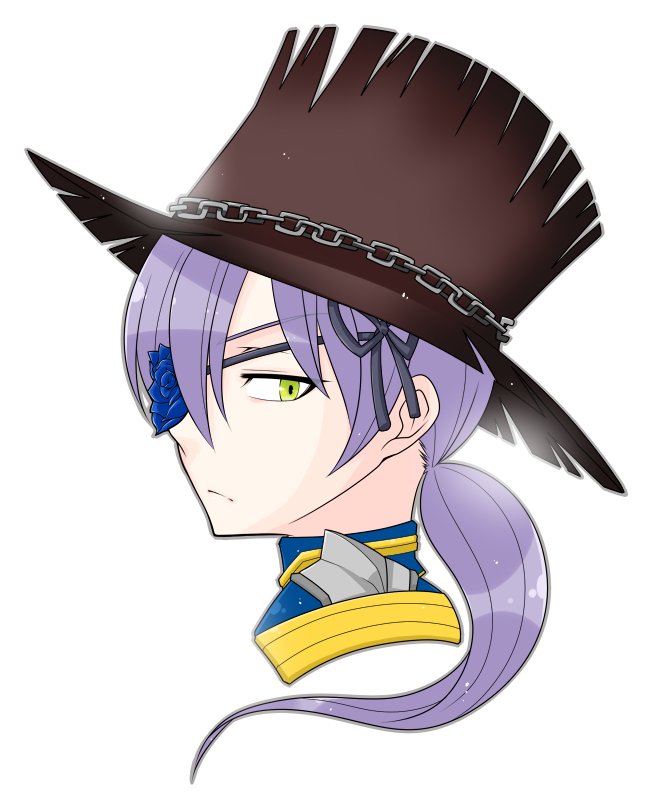 royal guard (ragnarok online), ragnarok online, commentary request, 1girl, armor, blue flower, blue rose, brown hat, chain, closed mouth, expressionless, flower, flower eyepatch, green eyes, hat, long hair, looking at viewer, low ponytail, oekakipikki, official alternate costume, pauldrons, ponytail, portrait, purple hair, rose, shoulder armor, simple background, solo, top hat, white background