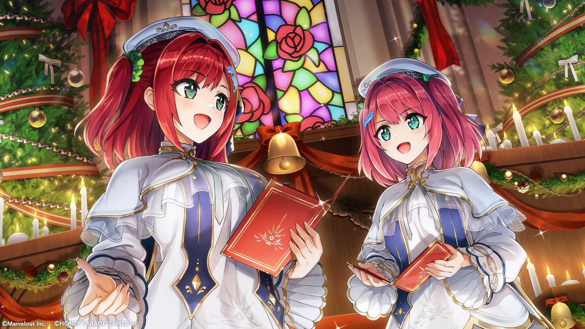 sakimiya iruka, sakimiya kohari, dolphin wave, highres, official art, 2girls, bell, breasts, candle, christmas, church, copyright name, dress, green eyes, hat, large breasts, medium breasts, multiple girls, open mouth, red hair, short hair, siblings, side ponytail, sisters, white dress, white hat