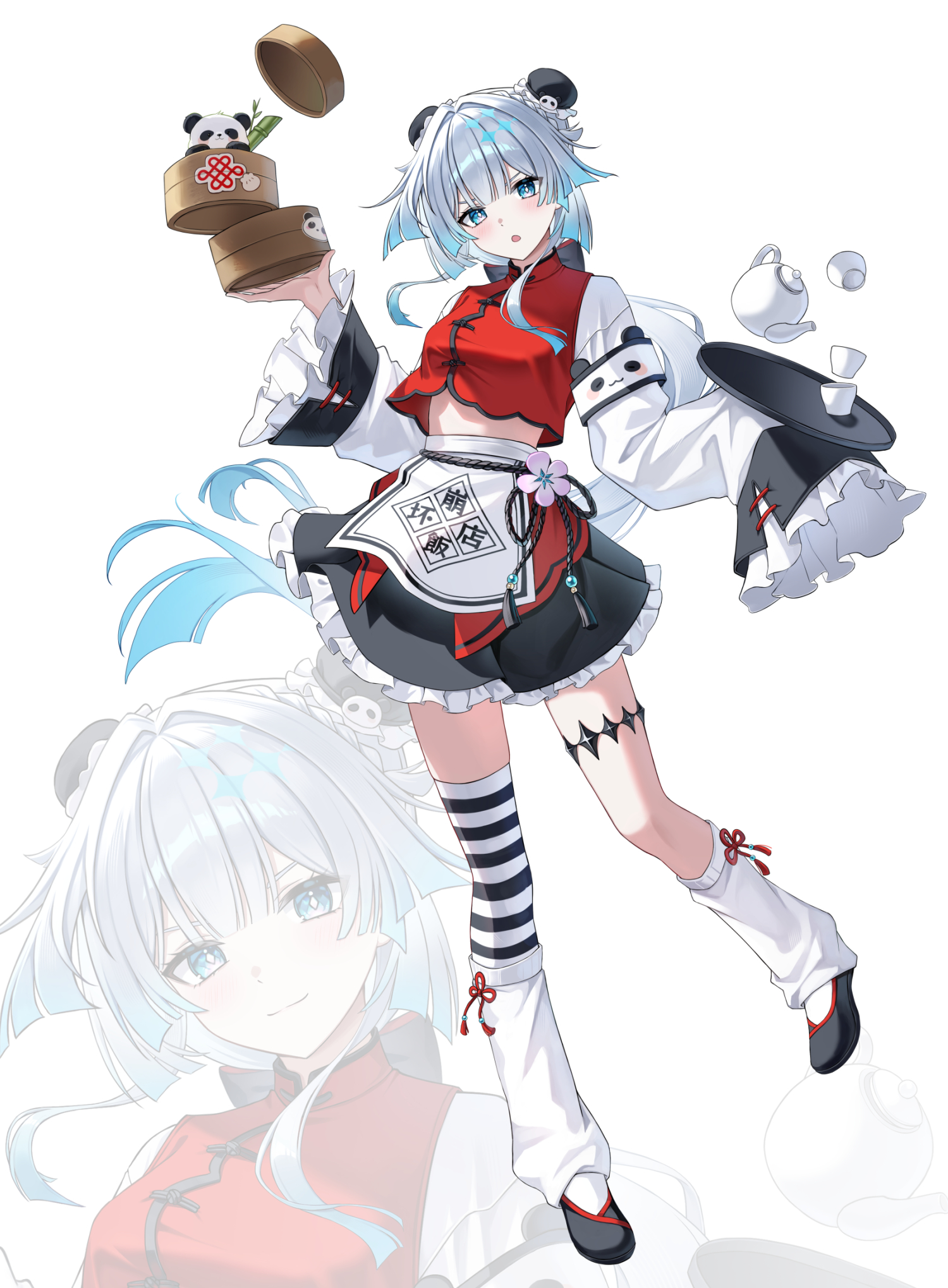 pora 0918, cerydra (honkai: star rail), honkai: star rail, honkai (series), highres, 1girl, alternate costume, alternate hairstyle, black shoes, black skirt, blue eyes, blue hair, bun cover, different zoom layer, leg warmers, long sleeves, parted lips, shirt, shoes, simple background, single thighhigh, skirt, smile, solo, standing, striped clothes, striped thighhighs, thighhighs, white background, white leg warmers, wide sleeves, zoom layer