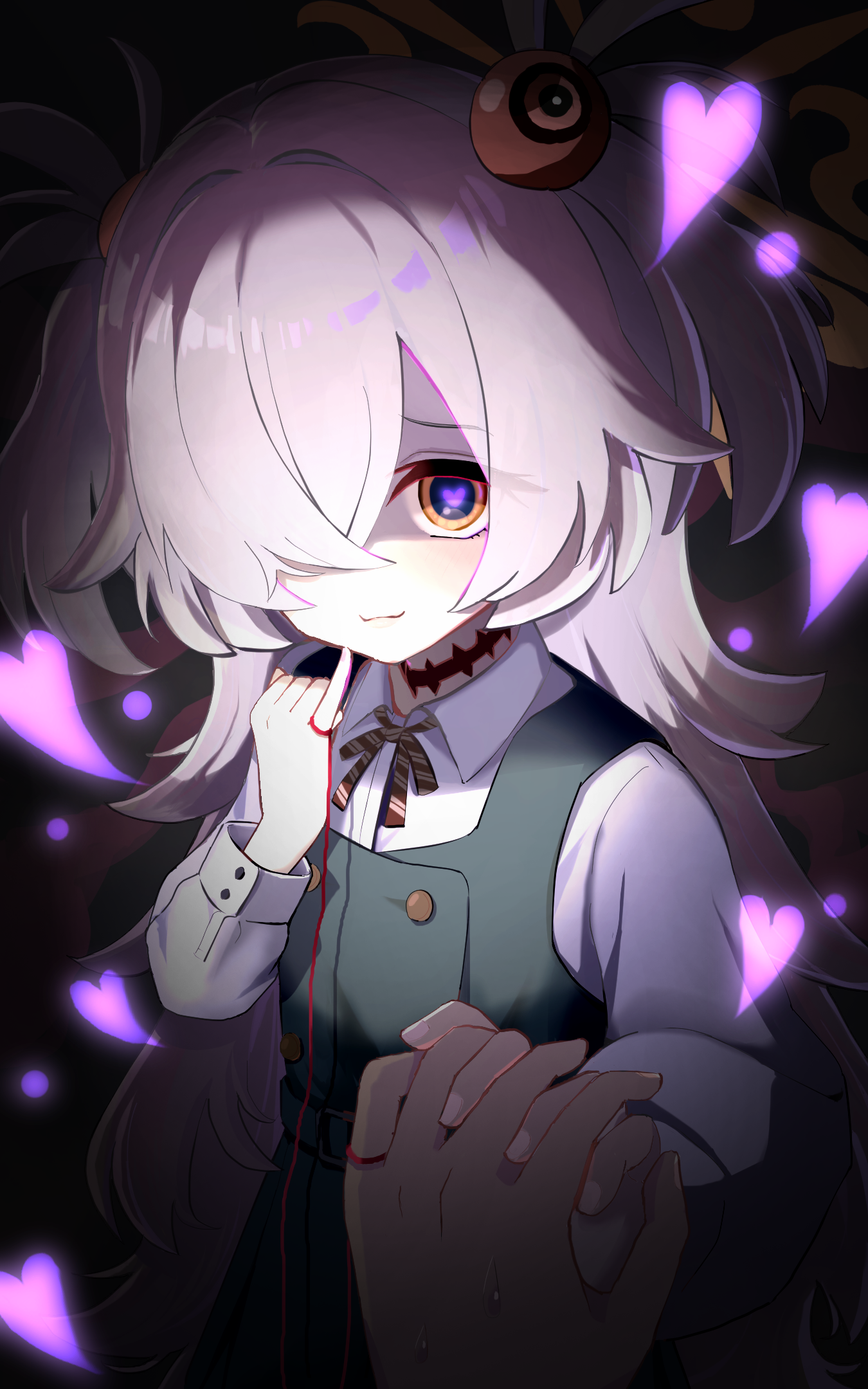 kanoe (blue archive), blue archive, commentary request, highres, brown halo, brown ribbon, diagonal-striped ribbon, dress, eyeball hair ornament, glowing, grey hair, hair over one eye, halo, heart, heart-shaped pupils, heart in eye, holding hands, kareusagi, long hair, looking at viewer, multicolored eyes, pinafore dress, ribbon, scar, scar on neck, sleeveless, sleeveless dress, string, string of fate, symbol-shaped pupils, symbol in eye, tilted halo, two-tone eyes, two side up, upper body, very long hair, yandere