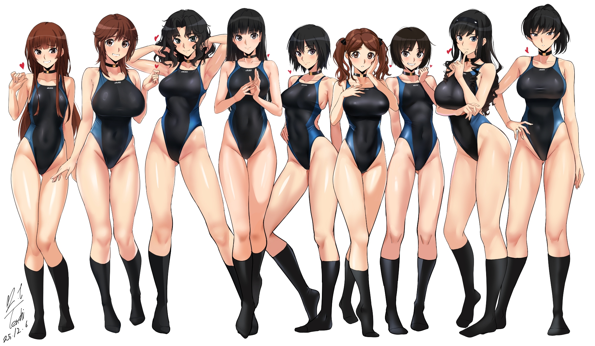 yoo tenchi, ayatsuji tsukasa, kamizaki risa, morishima haruka, nakata sae, nanasaki ai, sakurai rihoko, tachibana miya, tanamachi kaoru, tsukahara hibiki, amagami, commentary, hashtag-only commentary, highres, symbol-only commentary, 6+girls, alternate breast size (larger), arm under breasts, armpits, arms up, bare shoulders, black bow, black choker, black hair, black hairband, black one-piece swimsuit, blue eyes, blue one-piece swimsuit, blush, bow, breasts, brown eyes, brown hair, choker, competition swimsuit, contrapposto, covered navel, curly hair, dated, everyone, full body, gluteal fold, grey eyes, grin, hair bow, hairband, hand on own cheek, hand on own chest, hand on own face, hand on own hip, hand up, hands in own hair, heart, highleg, highleg one-piece swimsuit, huge breasts, index finger raised, large breasts, lineup, long hair, looking at viewer, medium breasts, medium hair, multicolored swimsuit, multiple girls, multiple hair bows, one-piece swimsuit, parted bangs, ponytail, ring light reflection, short hair, sidelocks, signature, simple background, small breasts, smile, swimsuit, twintails, two-tone one-piece swimsuit, two-tone swimsuit, white background