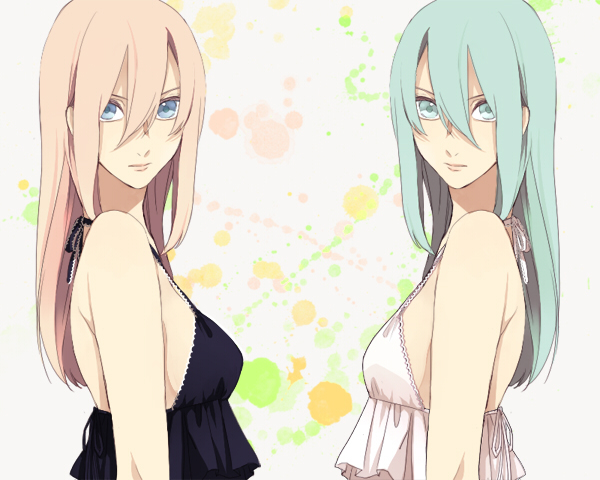 katase waka, hatsune miku, megurine luka, vocaloid, bad id, bad pixiv id, 2girls, aqua eyes, aqua hair, black dress, blue eyes, dress, long hair, multiple girls, pink hair, white dress