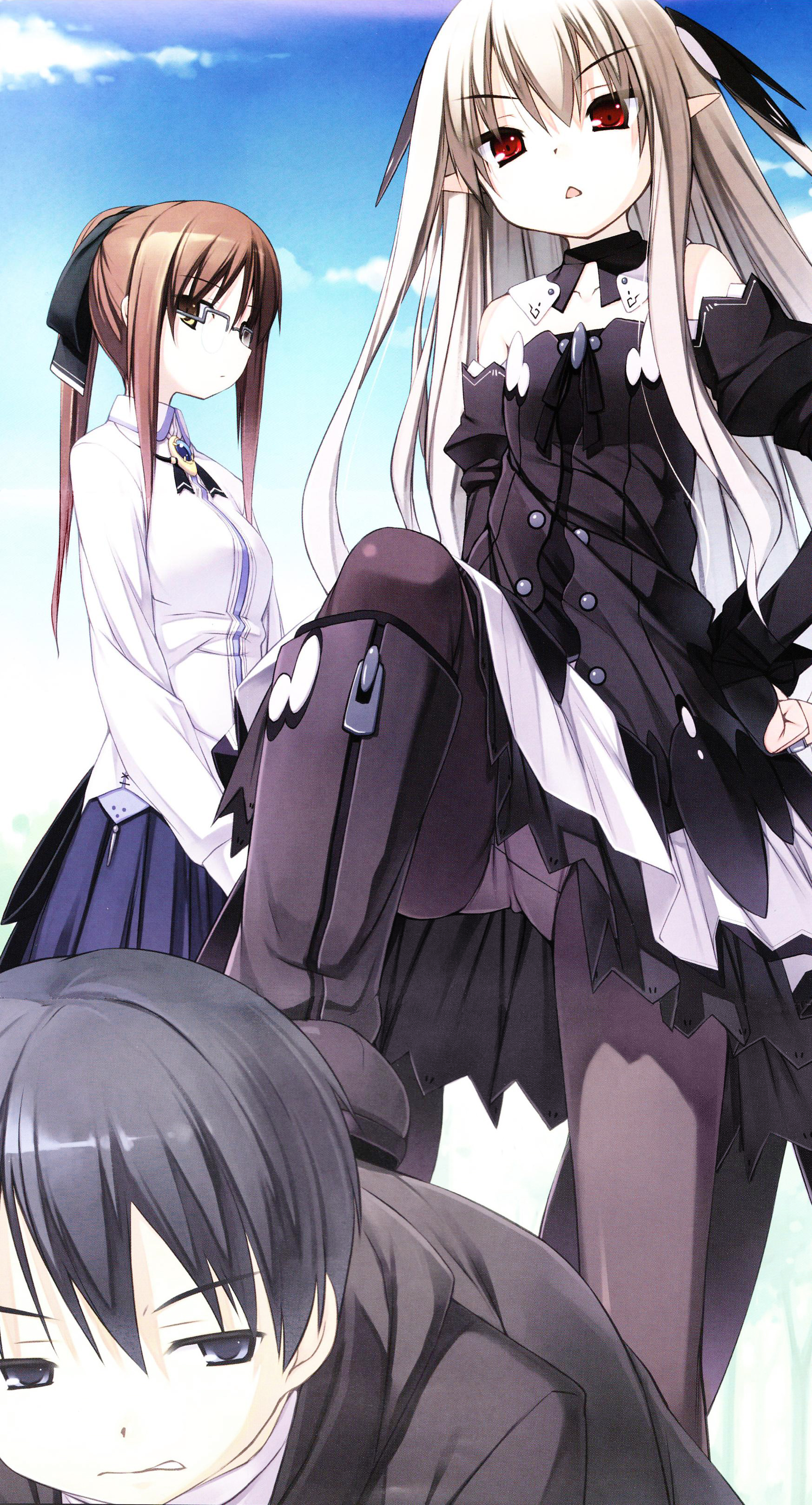 poco (asahi age), kris naga, absurdres, highres, 1boy, 2girls, :<, all fours, black eyes, black hair, boots, brown eyes, brown hair, dress, flat chest, from below, glasses, gothic lolita, knee boots, lolita fashion, long hair, long sleeves, multiple girls, panties, panties under pantyhose, pantyhose, pantyshot, pleated skirt, pointy ears, ponytail, red eyes, ribbon, short hair, skirt, stepped on, triangle mouth, underwear, upskirt, white hair