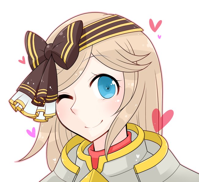 rune knight (ragnarok online), ragnarok online, commentary request, 1girl, armor, blonde hair, blue eyes, bow, bow hairband, breastplate, brown bow, brown hairband, closed mouth, hair bow, hairband, heart, long hair, looking at viewer, oekakipikki, official alternate costume, one eye closed, portrait, simple background, smile, solo, white background