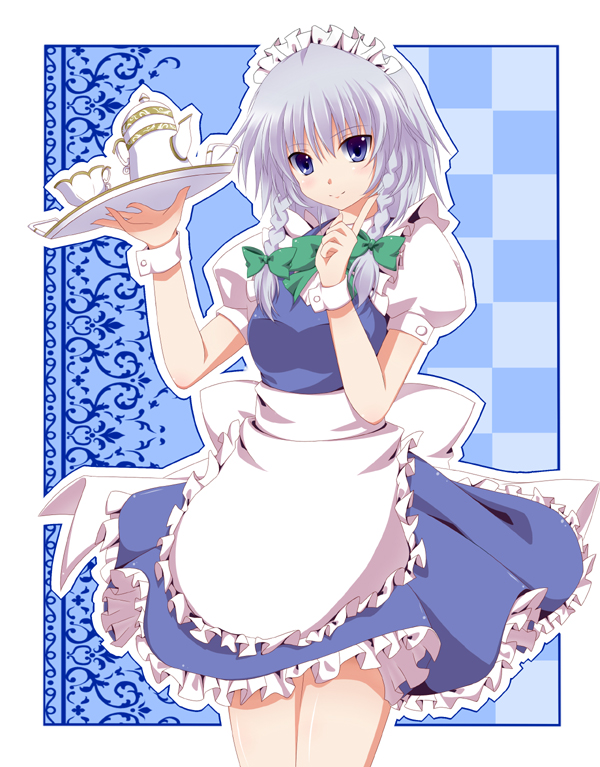 kurono yuzuko, yuuko (pixiv), izayoi sakuya, touhou, bad id, bad pixiv id, 1girl, apron, bow, braid, breasts, female focus, maid, maid apron, solo, teapot, twin braids, waist apron, waitress
