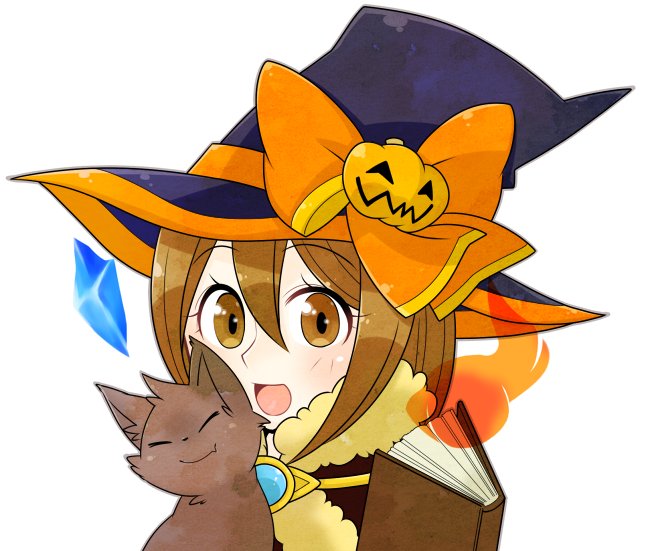 warlock (ragnarok online), ragnarok online, commentary request, 1girl, black hat, blush, book, brown cape, brown cat, brown eyes, brown hair, cape, cat, floating gem, fur-trimmed cape, fur trim, hat, jack-o'-lantern hat ornament, looking at viewer, oekakipikki, official alternate costume, open mouth, portrait, short hair, simple background, smile, solo, white background, witch hat