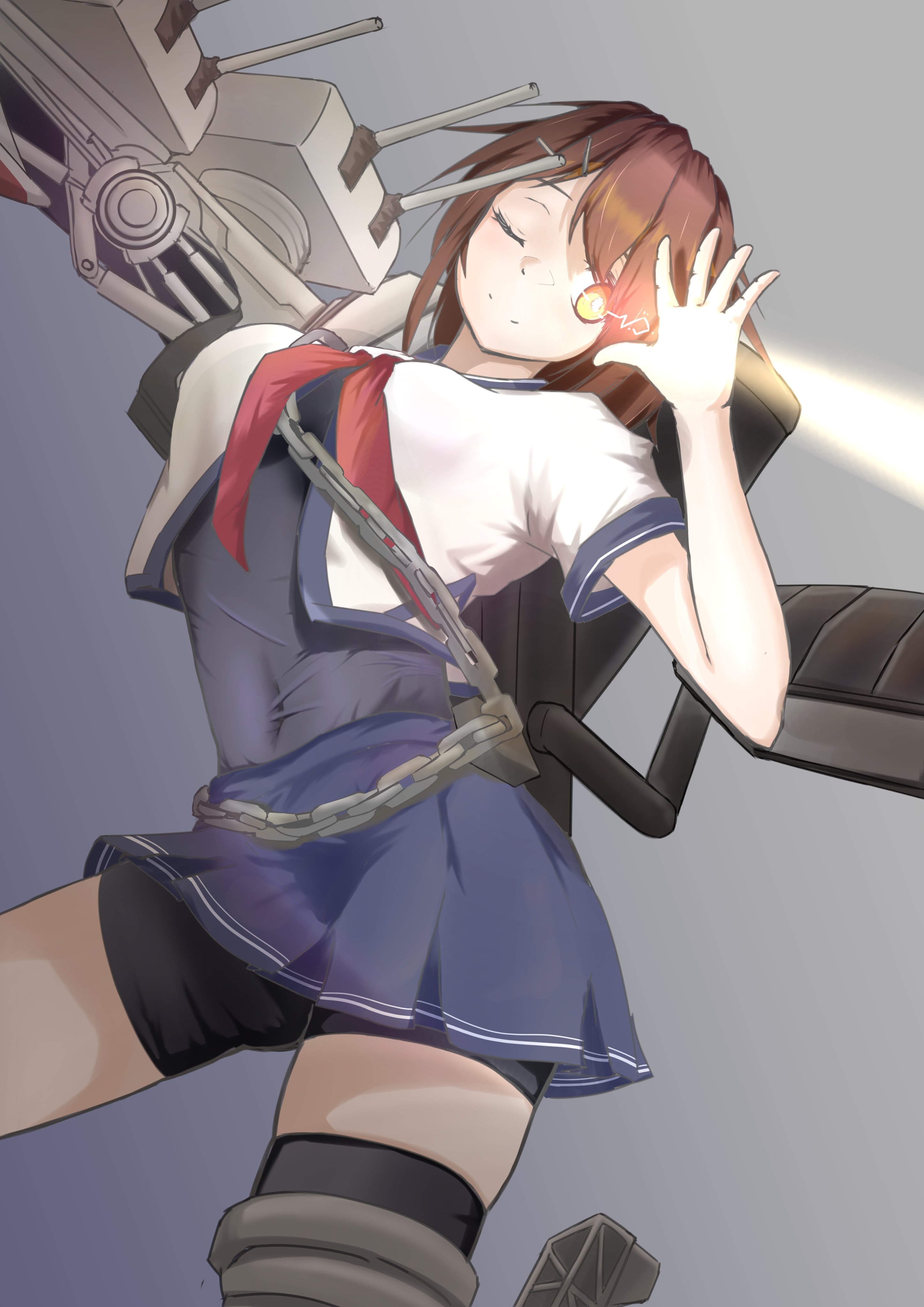 tastas, furutaka (kancolle), furutaka kai ni (kancolle), kantai collection, absurdres, hashtag-only commentary, highres, 1girl, asymmetrical bodysuit, blue sailor collar, blue skirt, brown hair, contrapposto, covered navel, elbow gloves, gloves, glowing, glowing eye, gradient background, grey background, machinery, neckerchief, one eye closed, red neckerchief, sailor collar, school uniform, serafuku, single elbow glove, skirt, solo, standing