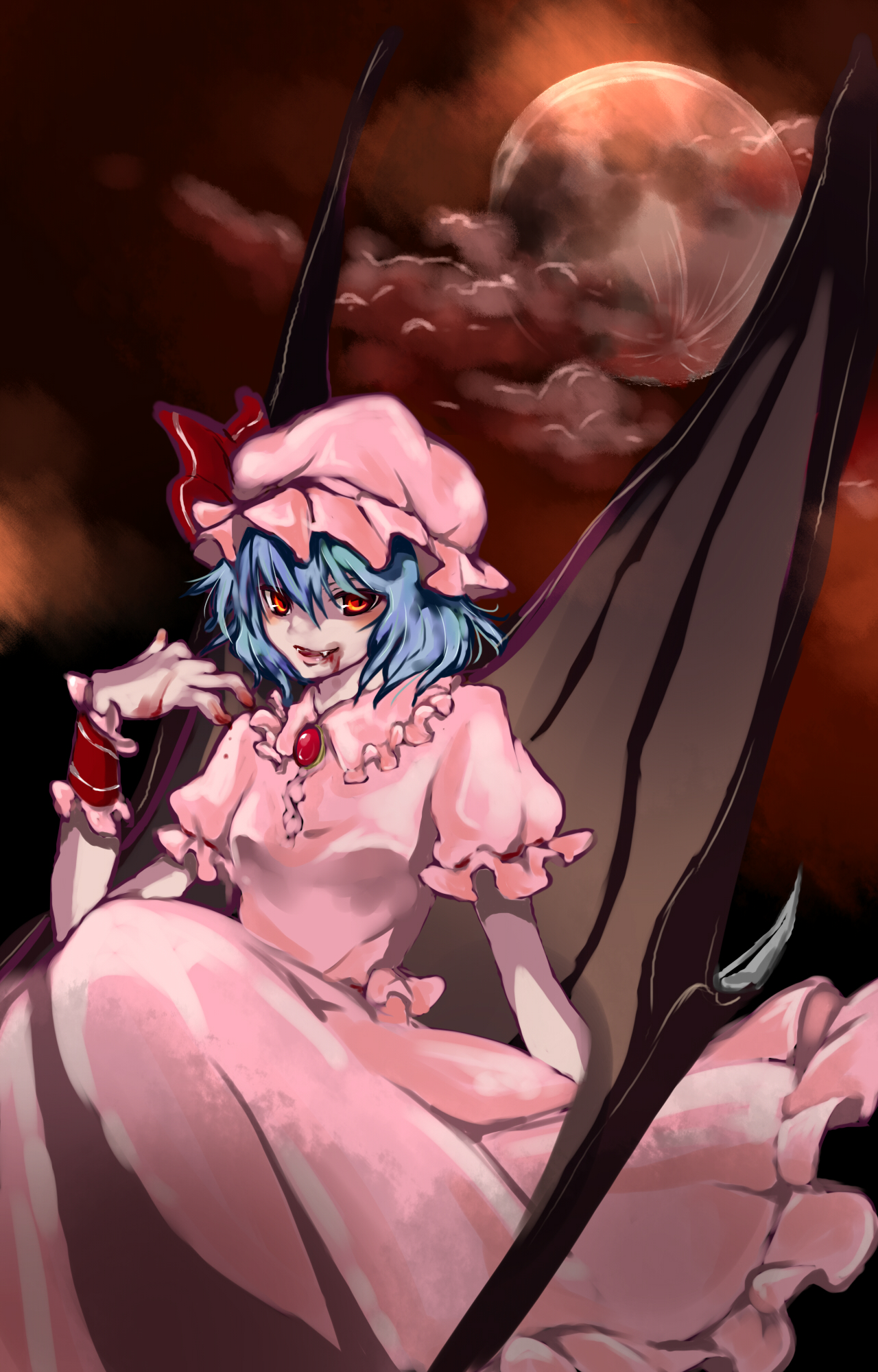 seitaka, remilia scarlet, touhou, bad id, bad pixiv id, highres, 1girl, bat wings, blood, blue hair, cloud, female focus, hat, moon, outdoors, red eyes, red moon, short hair, sitting, sky, solo, wings