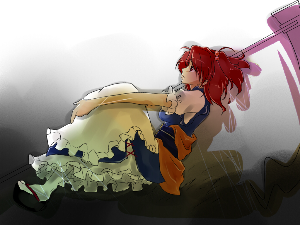 seitaka, onozuka komachi, touhou, 1girl, clog sandals, female focus, full body, gradient background, grey background, okobo, platform sandals, red eyes, red hair, sandals, scythe, short hair, sitting, solo, twintails, two side up