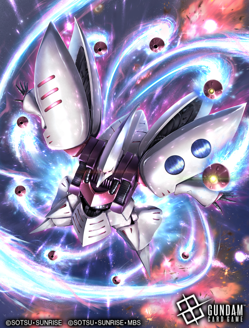 soezy, qubeley, gundam, gundam card game, sunrise (company), zeta gundam, commentary request, official art, battle, beam cannon, cable, card (medium), copyright logo, copyright name, copyright notice, energy, funnels (gundam), glowing, glowing eye, lens flare, logo, machinery, mecha, mecha focus, mobile suit, neo zeon, no humans, realistic, robot, science fiction, space, thrusters, weapon, zero gravity