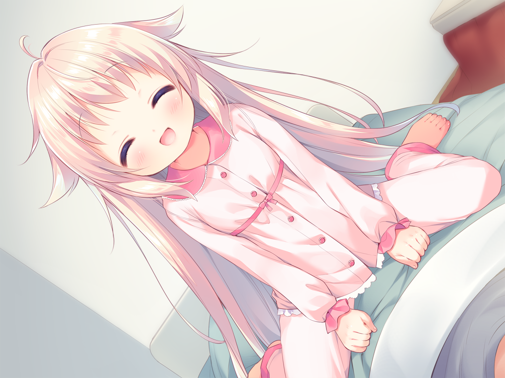 usashiro mani, suzuka (yubikiri konyaku roriita), yubikiri konyaku roriita, game cg, large variant set, non-web source, variant set, 1boy, 1girl, :d, ^ ^, ahoge, barefoot, blush, buttons, closed eyes, collared shirt, dutch angle, facing viewer, full body, indoors, long hair, long sleeves, open mouth, pajamas, pants, pink hair, pink pajamas, pink pants, pink shirt, shirt, sitting, sitting on person, smile, solo focus, wariza