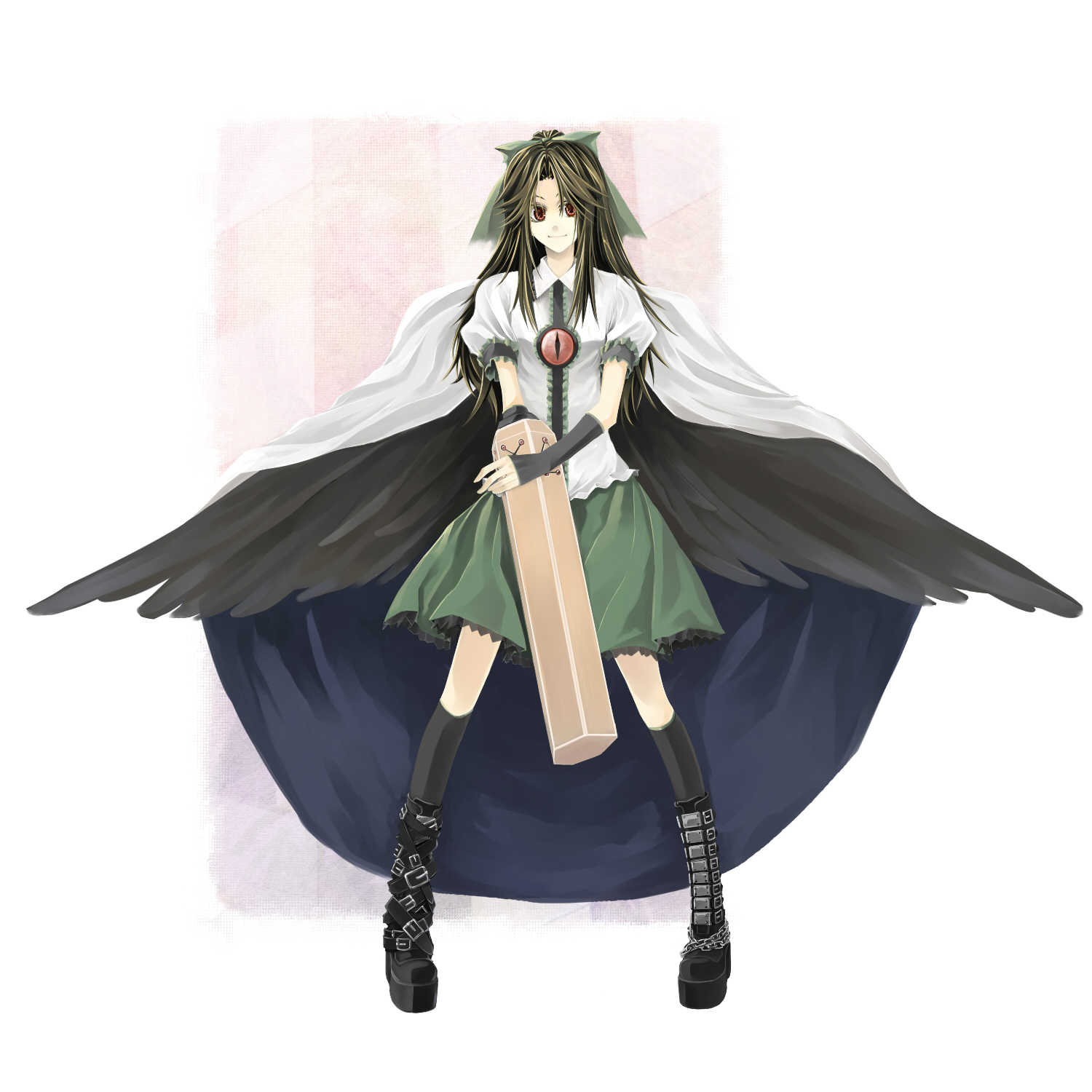 shiren, shiren (monochrome structure), reiuji utsuho, touhou, bad id, bad pixiv id, highres, 1girl, black hair, bow, cape, female focus, long hair, red eyes, solo, wings